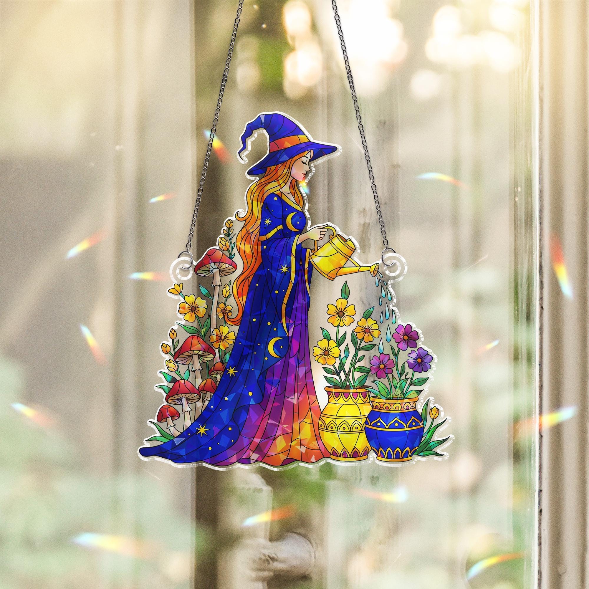 Colorful Witch Acrylic Suncatcher, Garden Witch Decor, Fantasy Window Hanging, Holographic Boho Gift, Mystic Flower Wall Art
