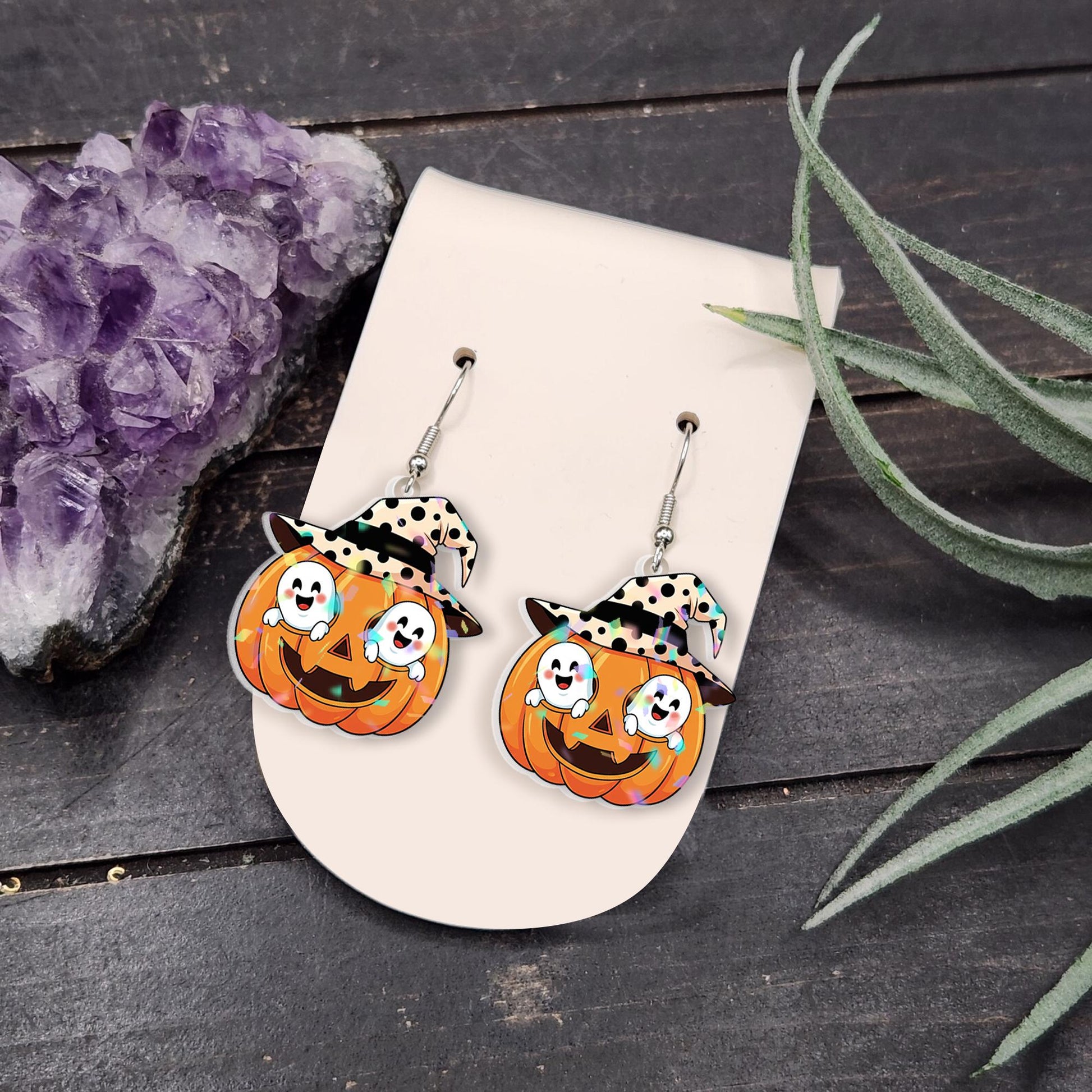 Pumpkin Ghost Earrings, Halloween Witch Hat Jewelry, Cute Fall Dangle Earrings, Spooky Fun Gift for Her, Acrylic Party Accessory