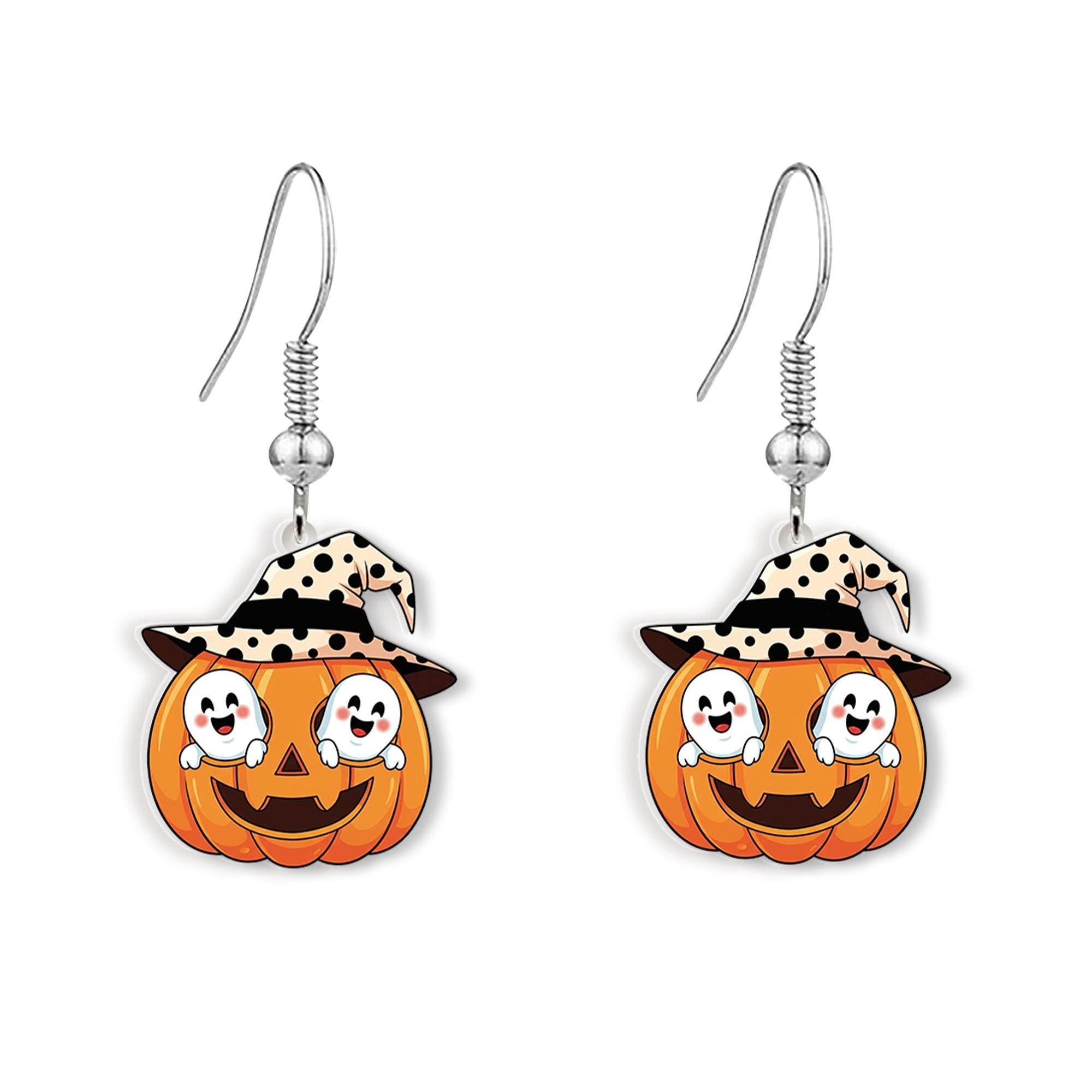 Pumpkin Ghost Earrings, Halloween Witch Hat Jewelry, Cute Fall Dangle Earrings, Spooky Fun Gift for Her, Acrylic Party Accessory