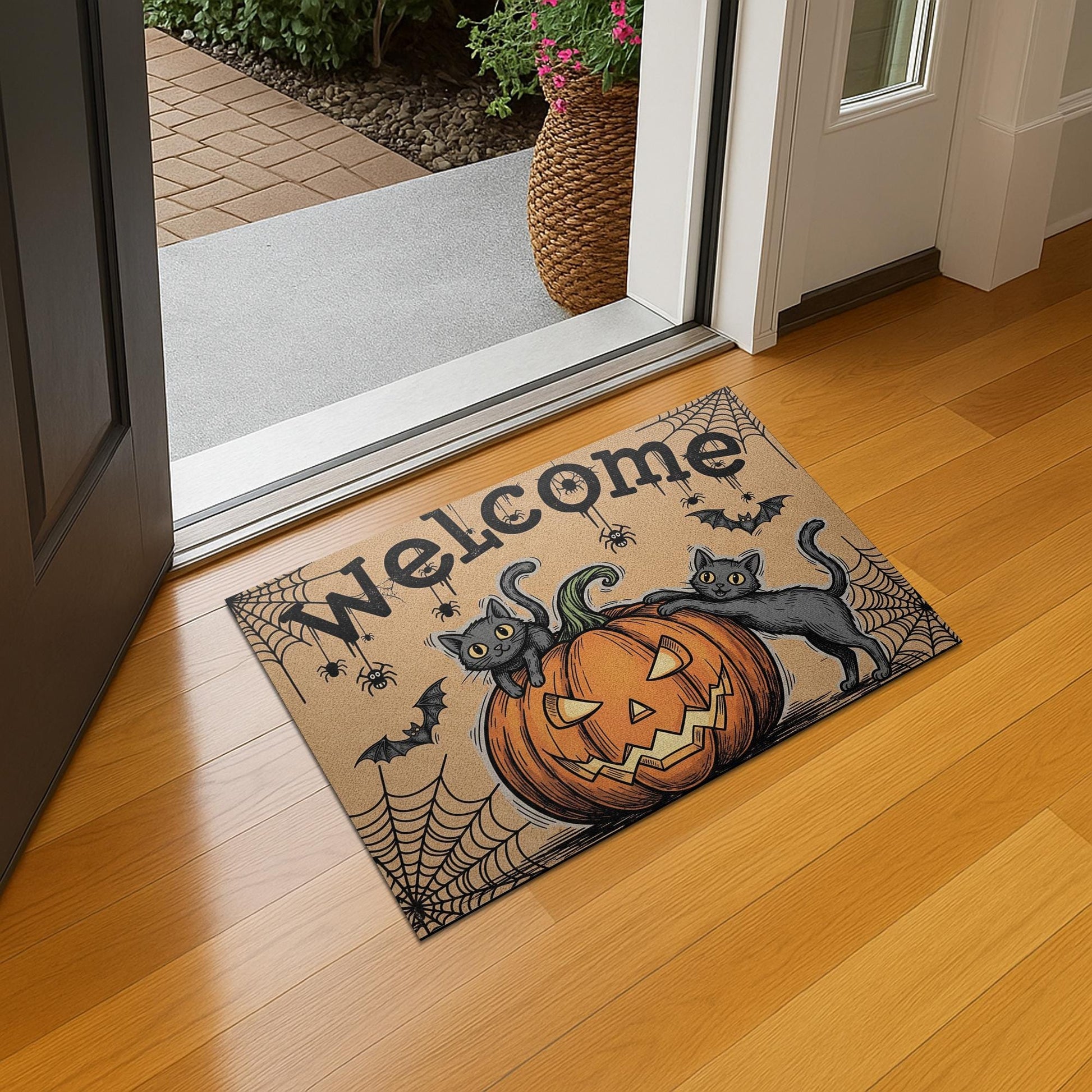 Halloween Welcome Doormat, Black Cat Pumpkin Outdoor Mat, Spooky Cute Fall Decor, Front Porch Rug, Funny Autumn Door Mat