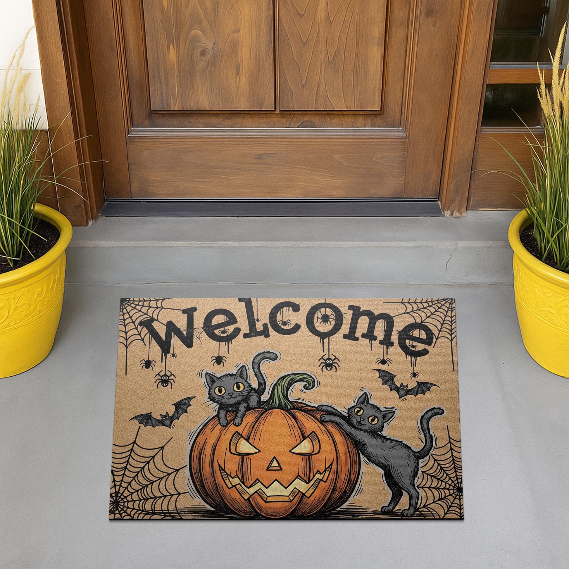 Halloween Welcome Doormat, Black Cat Pumpkin Outdoor Mat, Spooky Cute Fall Decor, Front Porch Rug, Funny Autumn Door Mat