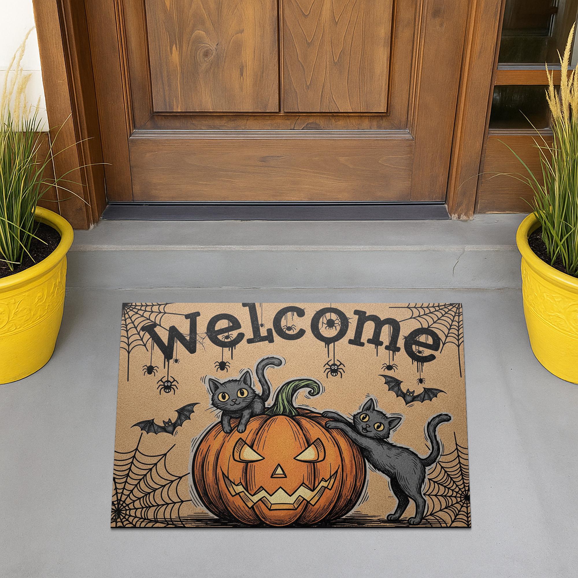 Halloween Welcome Doormat, Black Cat Pumpkin Outdoor Mat, Spooky Cute Fall Decor, Front Porch Rug, Funny Autumn Door Mat