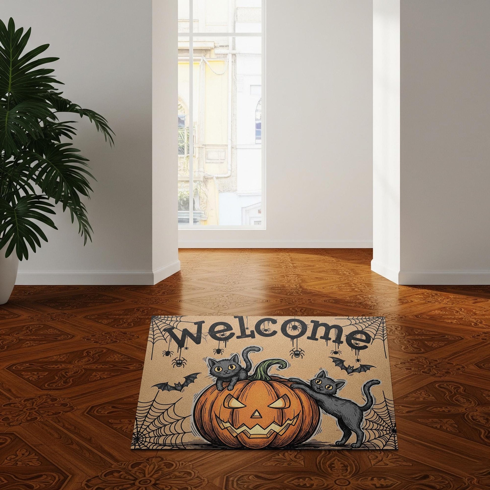 Halloween Welcome Doormat, Black Cat Pumpkin Outdoor Mat, Spooky Cute Fall Decor, Front Porch Rug, Funny Autumn Door Mat