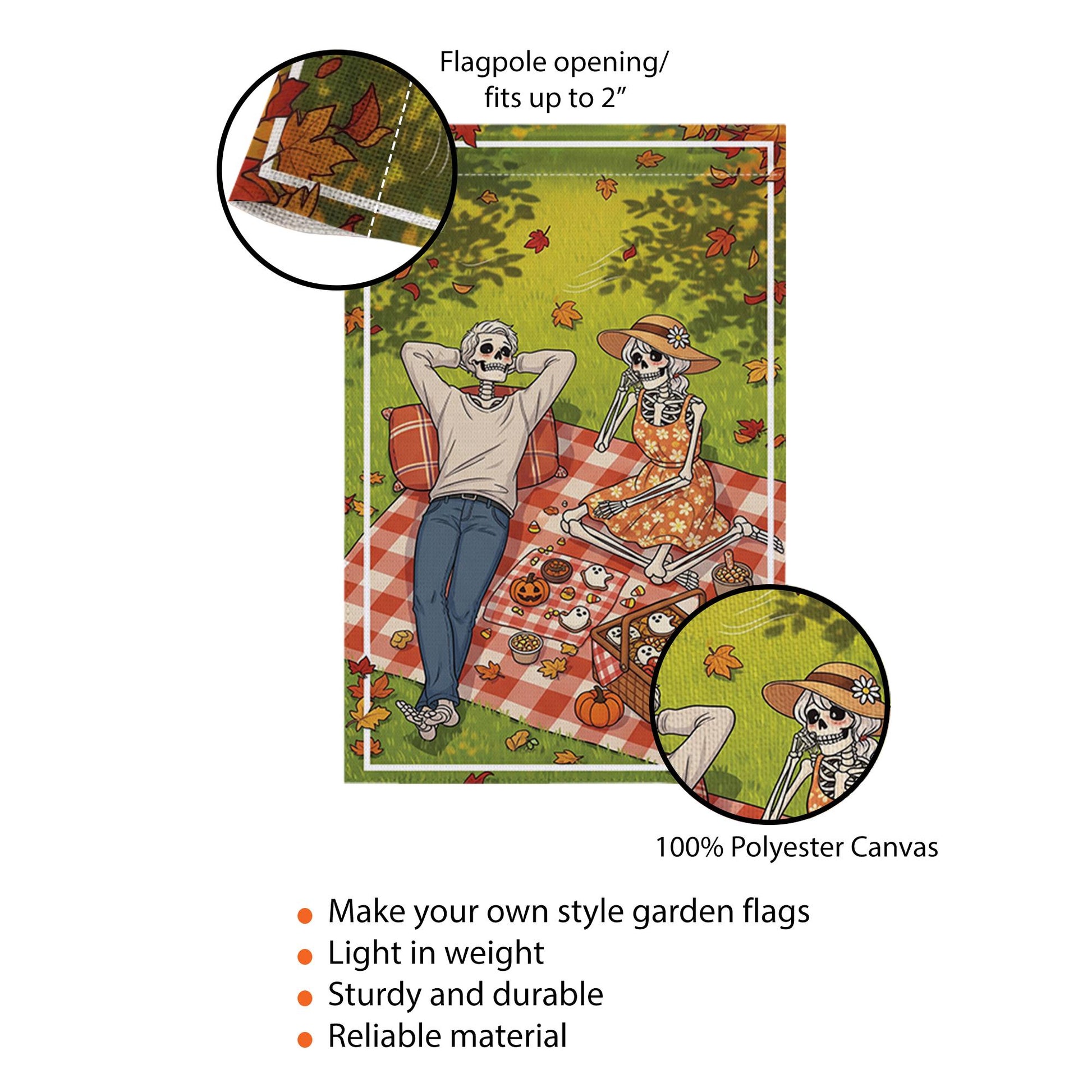 Skeleton Picnic Garden Flag – Halloween Picnic Scene with Skeleton Couple, Fall Yard Banner, Spooky Autumn Outdoor Decor