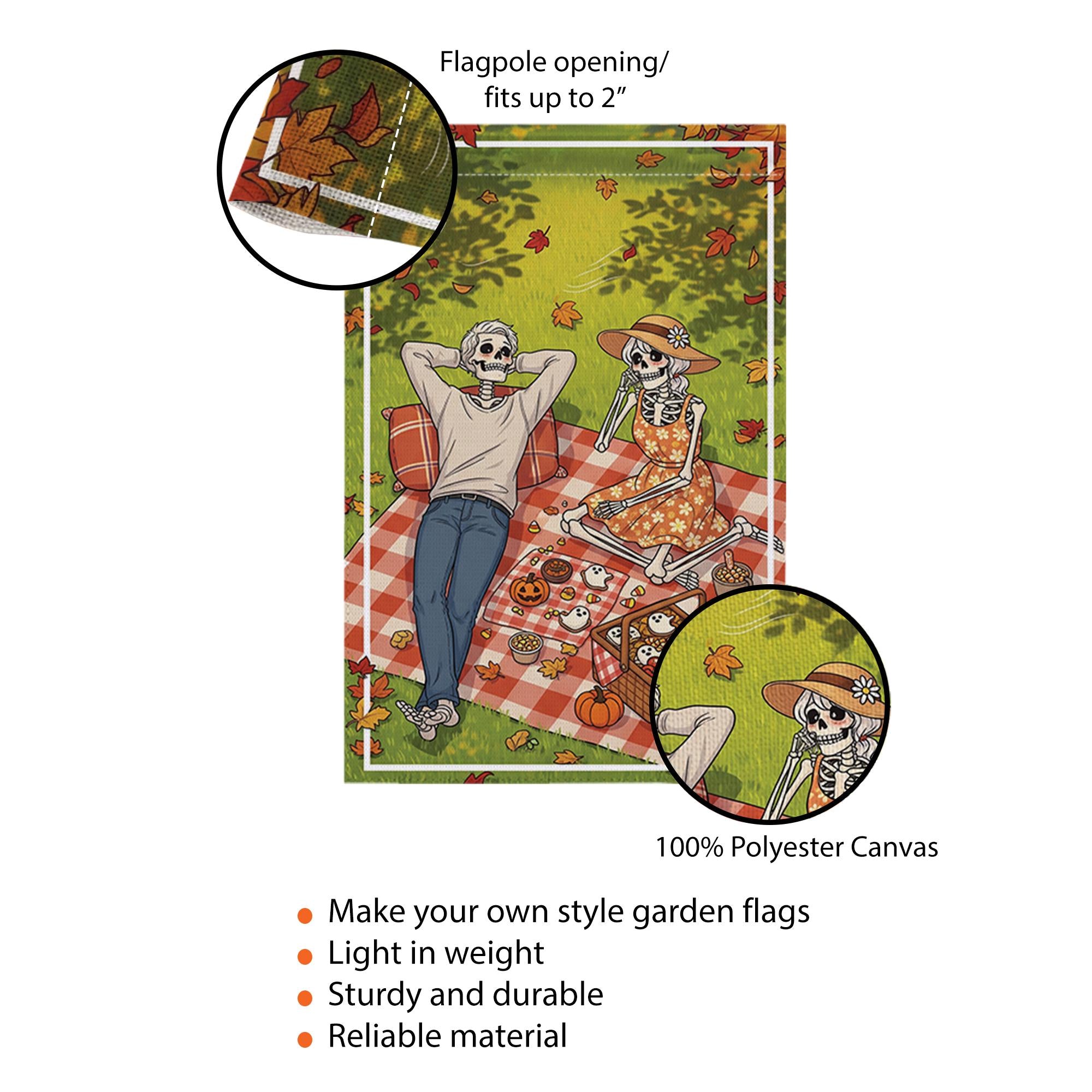 Skeleton Picnic Garden Flag – Halloween Picnic Scene with Skeleton Couple, Fall Yard Banner, Spooky Autumn Outdoor Decor