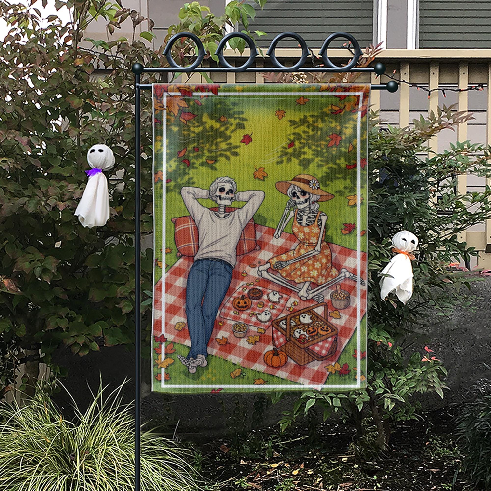 Skeleton Picnic Garden Flag – Halloween Picnic Scene with Skeleton Couple, Fall Yard Banner, Spooky Autumn Outdoor Decor