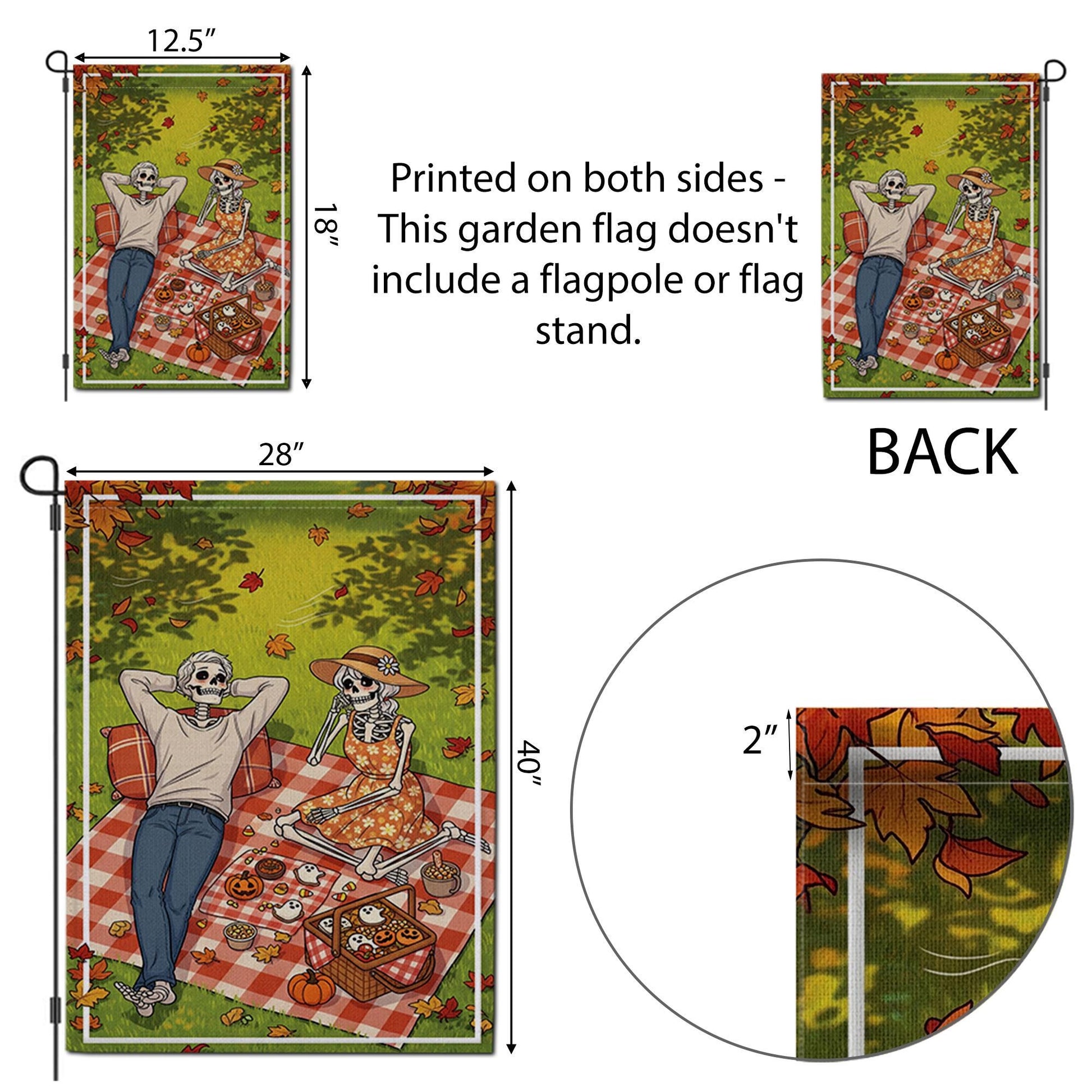 Skeleton Picnic Garden Flag – Halloween Picnic Scene with Skeleton Couple, Fall Yard Banner, Spooky Autumn Outdoor Decor