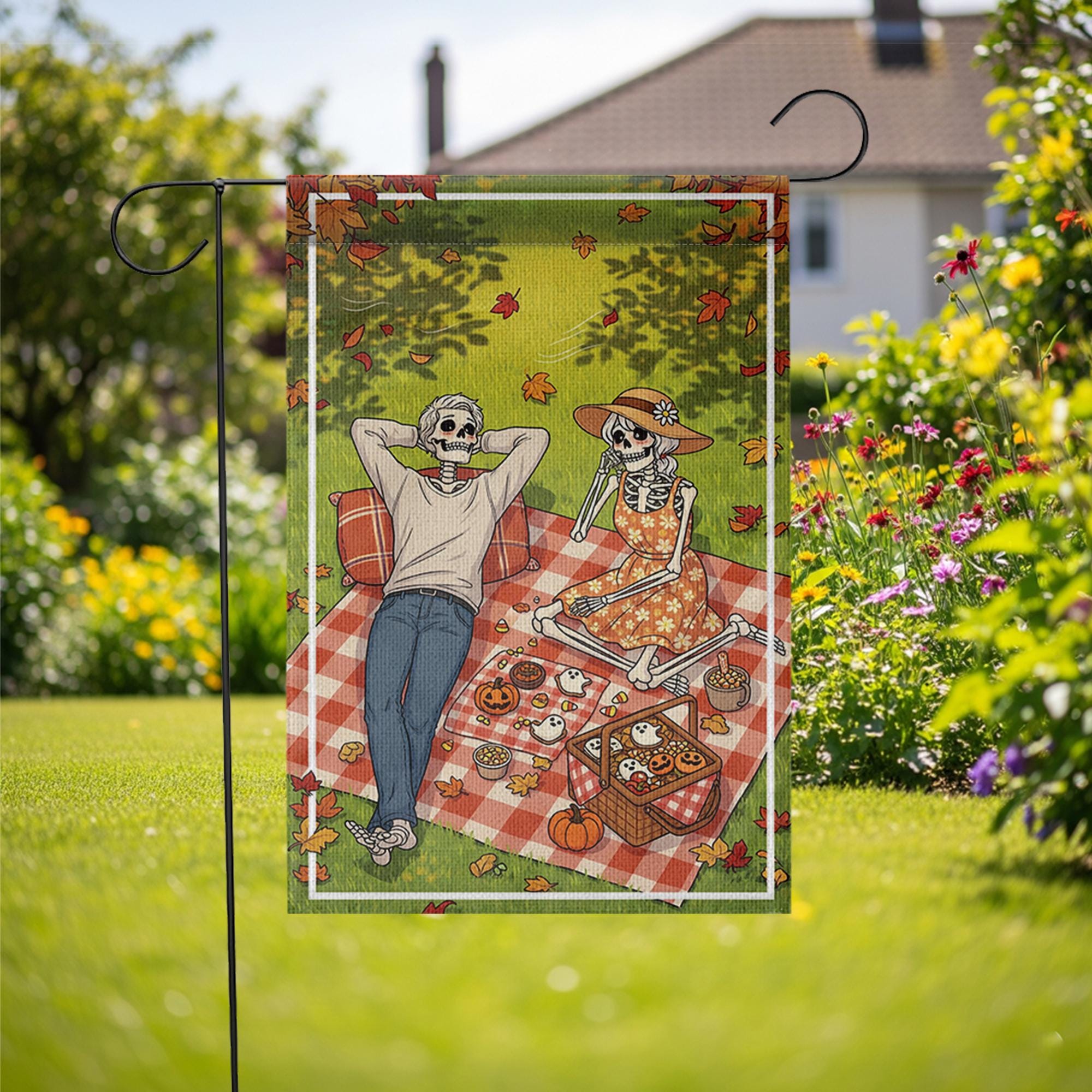 Skeleton Picnic Garden Flag – Halloween Picnic Scene with Skeleton Couple, Fall Yard Banner, Spooky Autumn Outdoor Decor
