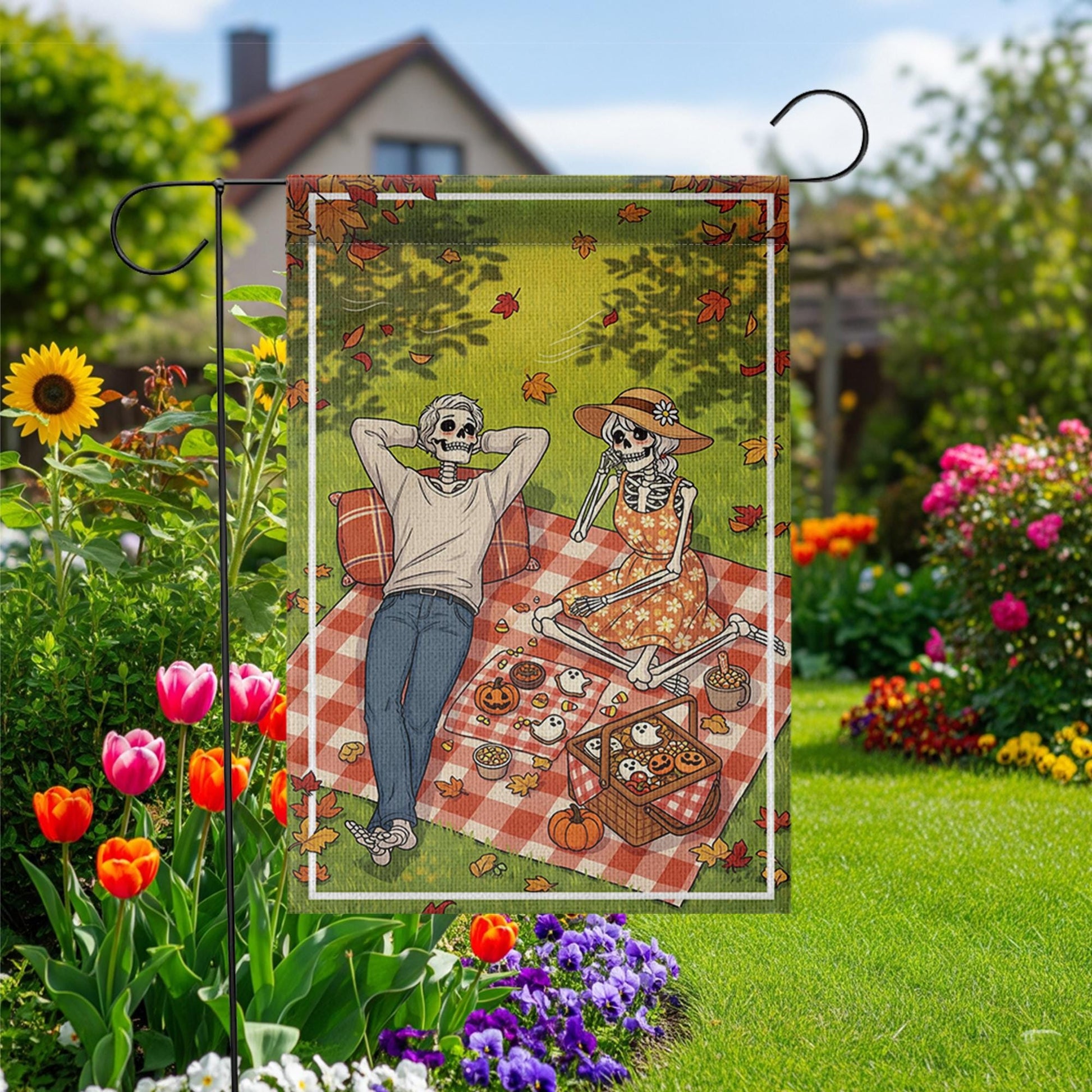 Skeleton Picnic Garden Flag – Halloween Picnic Scene with Skeleton Couple, Fall Yard Banner, Spooky Autumn Outdoor Decor