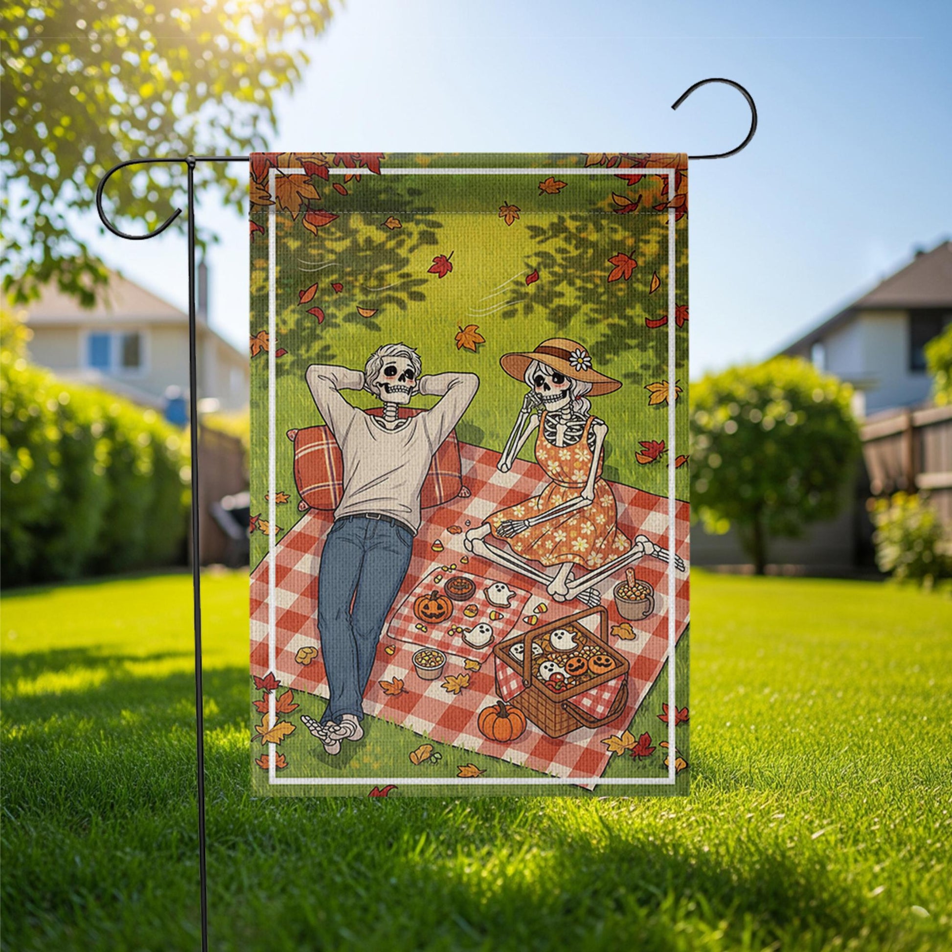 Skeleton Picnic Garden Flag – Halloween Picnic Scene with Skeleton Couple, Fall Yard Banner, Spooky Autumn Outdoor Decor