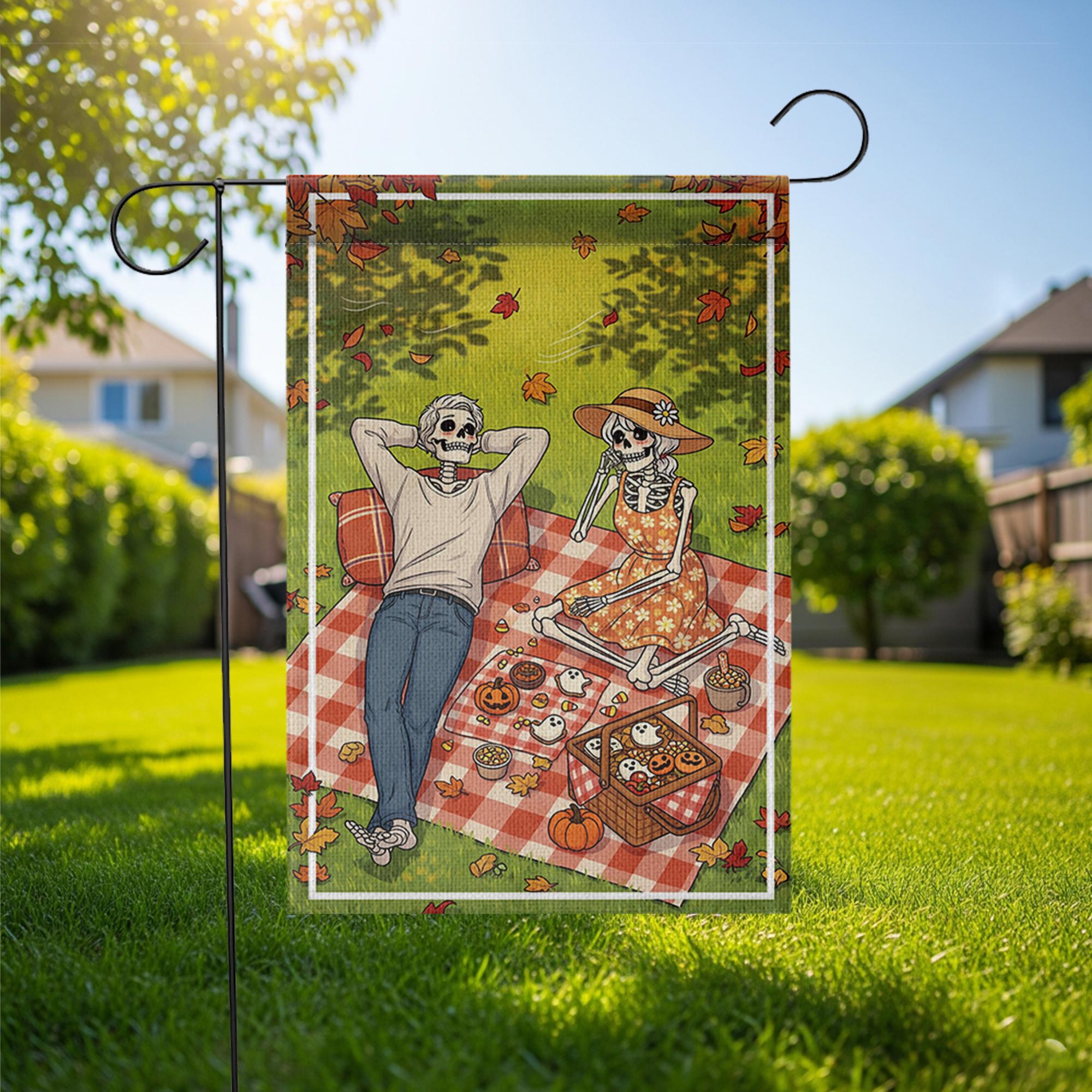 Skeleton Picnic Garden Flag – Halloween Picnic Scene with Skeleton Couple, Fall Yard Banner, Spooky Autumn Outdoor Decor