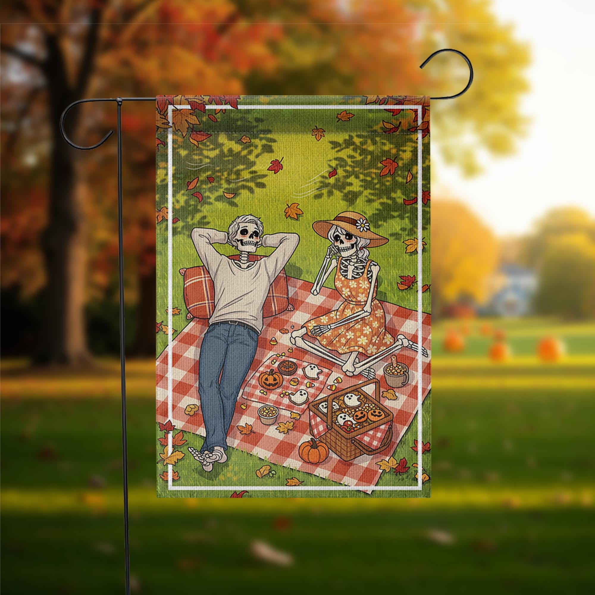 Skeleton Picnic Garden Flag – Halloween Picnic Scene with Skeleton Couple, Fall Yard Banner, Spooky Autumn Outdoor Decor