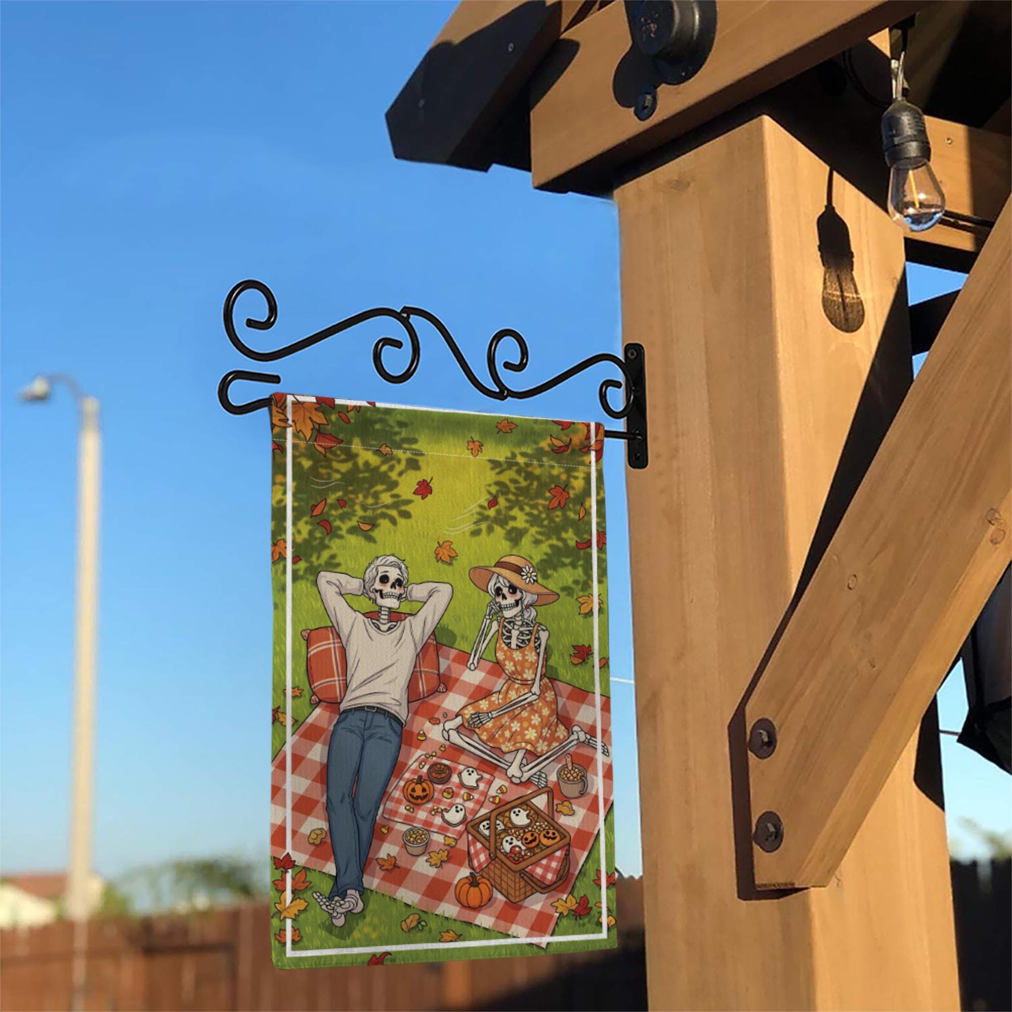Skeleton Picnic Garden Flag – Halloween Picnic Scene with Skeleton Couple, Fall Yard Banner, Spooky Autumn Outdoor Decor