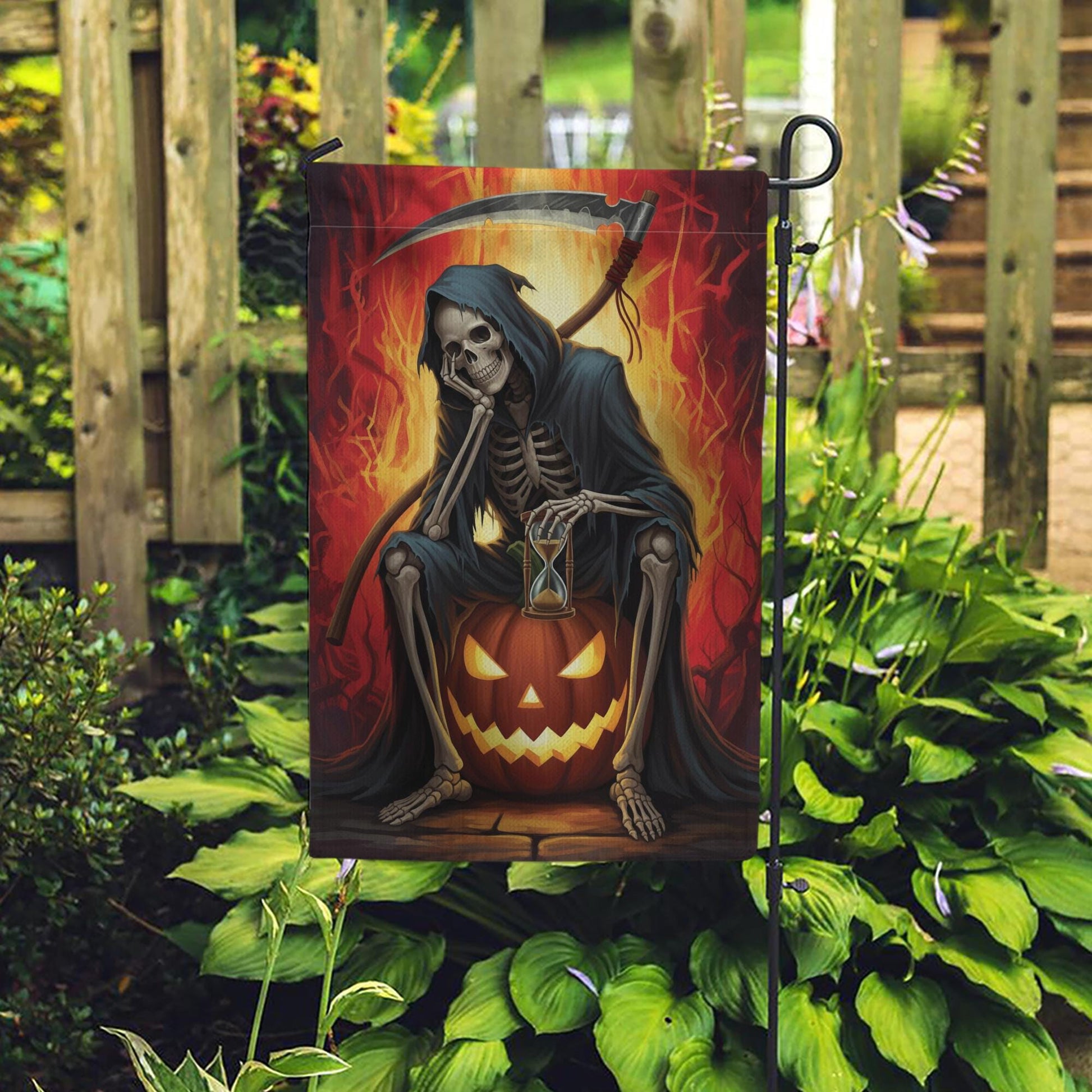 Grim Reaper Halloween Garden Flag, Spooky Skeleton Pumpkin Hourglass Fall Decor