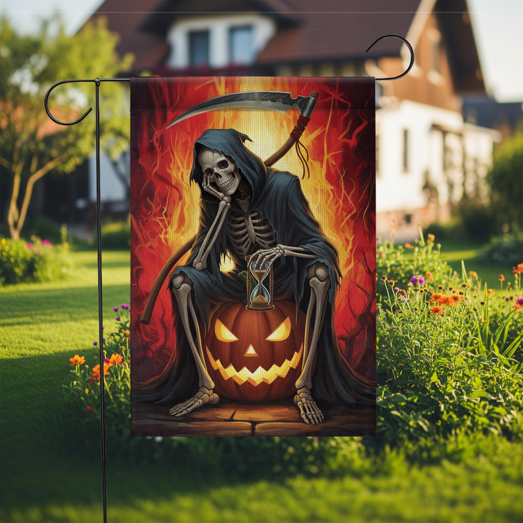Grim Reaper Halloween Garden Flag, Spooky Skeleton Pumpkin Hourglass Fall Decor