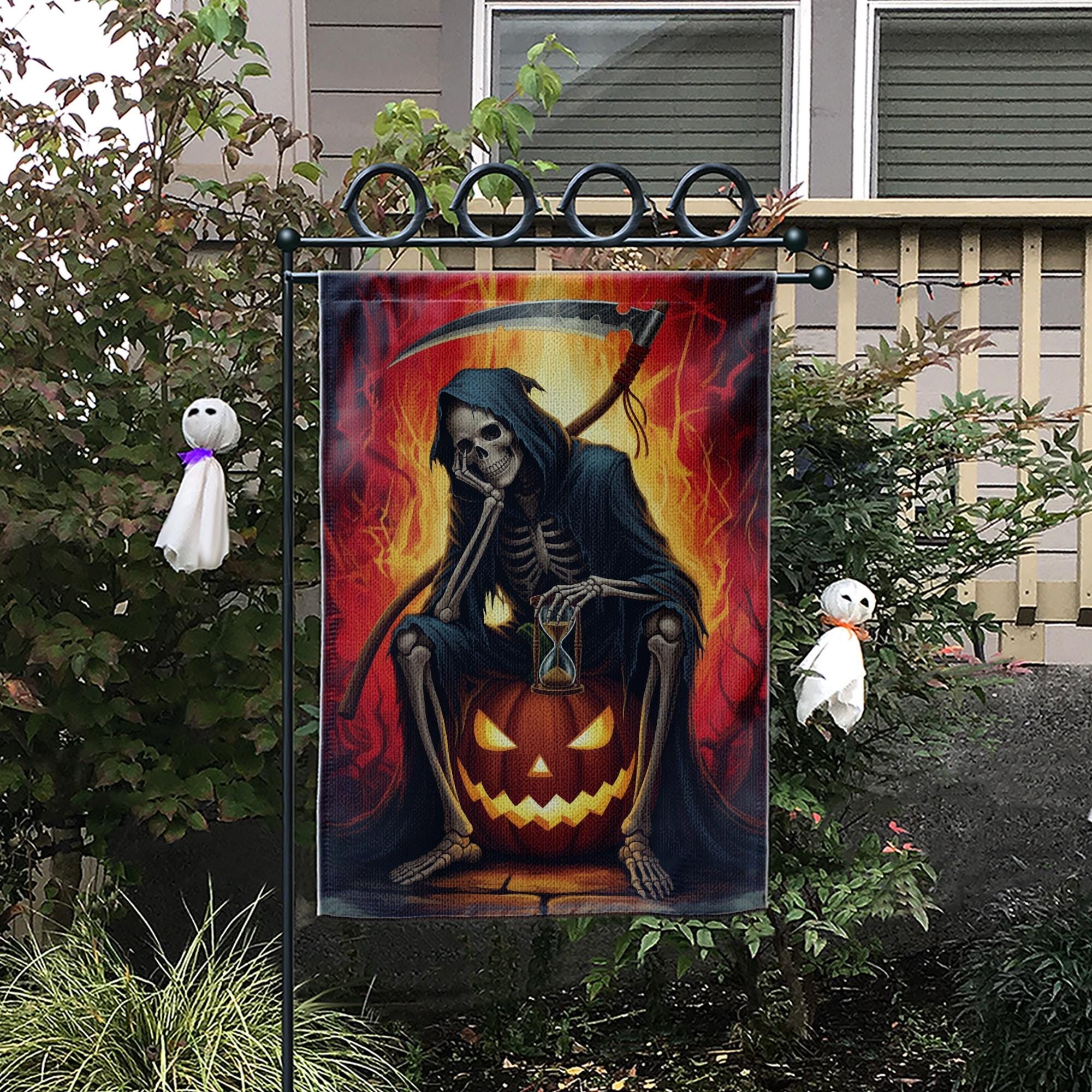 Grim Reaper Halloween Garden Flag, Spooky Skeleton Pumpkin Hourglass Fall Decor