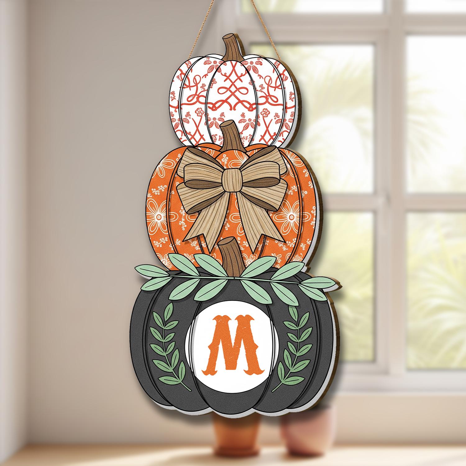 Fall Door Hanger Pumpkin Stack, Personalized Monogram Halloween Decor, Autumn Front Door Sign, Rustic Farmhouse Pumpkin Decoration