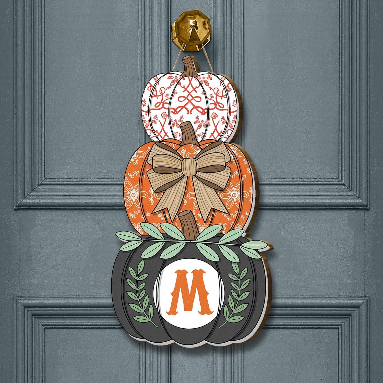 Fall Door Hanger Pumpkin Stack, Personalized Monogram Halloween Decor, Autumn Front Door Sign, Rustic Farmhouse Pumpkin Decoration