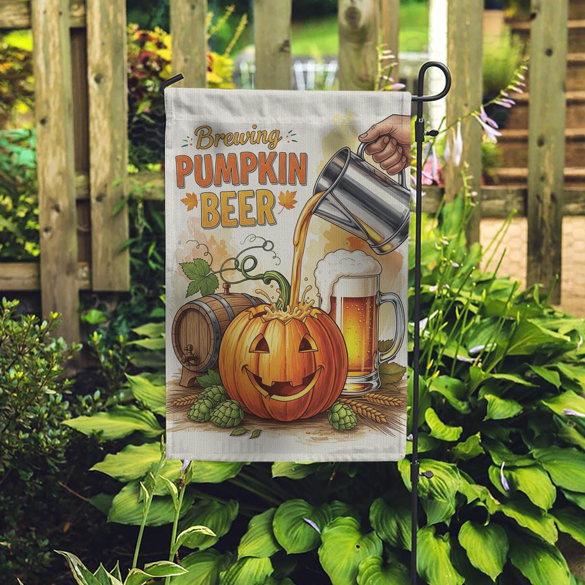 Brewing Pumpkin Beer Garden Flag, Rustic Fall Decor, Funny Halloween Decor, Autumn Yard Flag