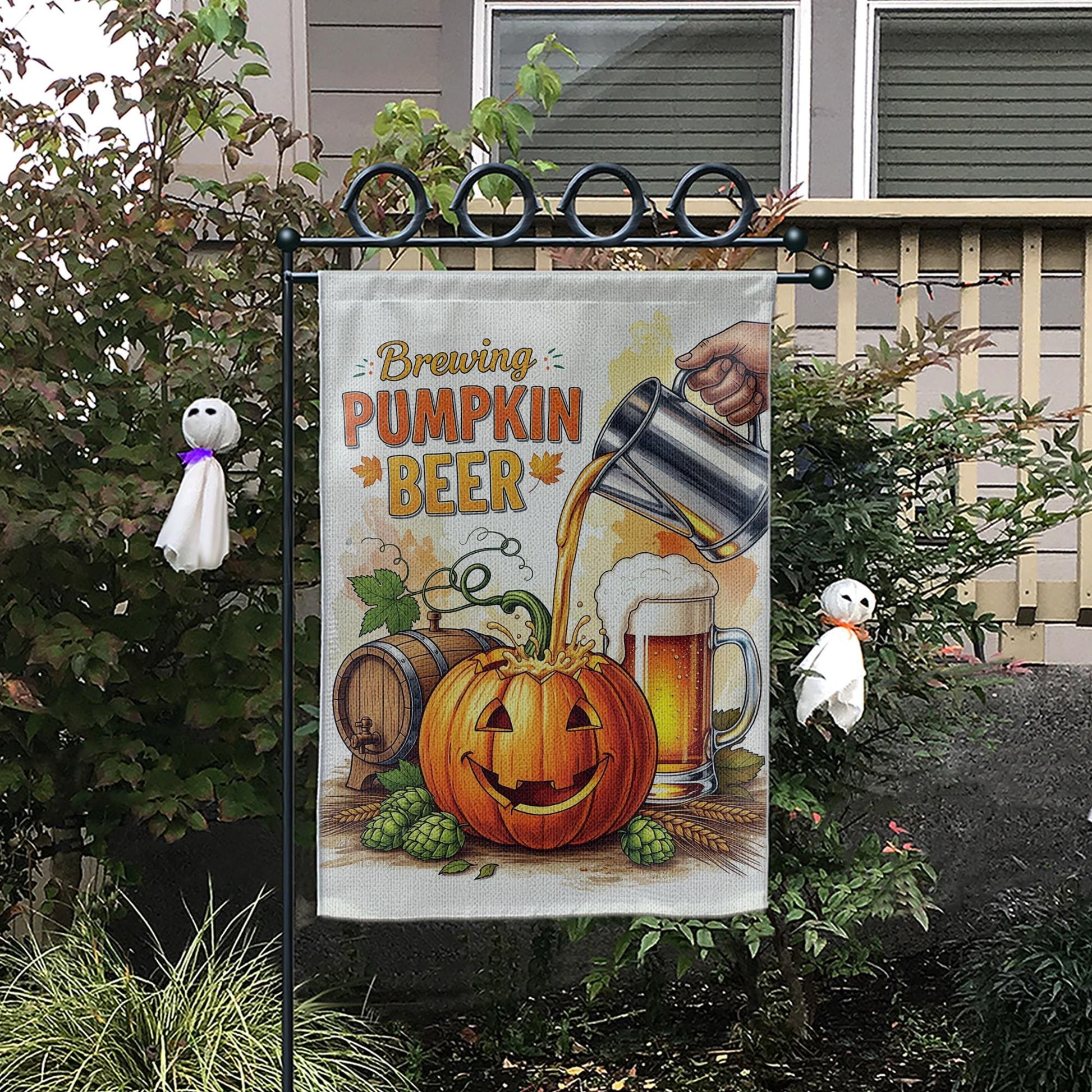 Brewing Pumpkin Beer Garden Flag, Rustic Fall Decor, Funny Halloween Decor, Autumn Yard Flag