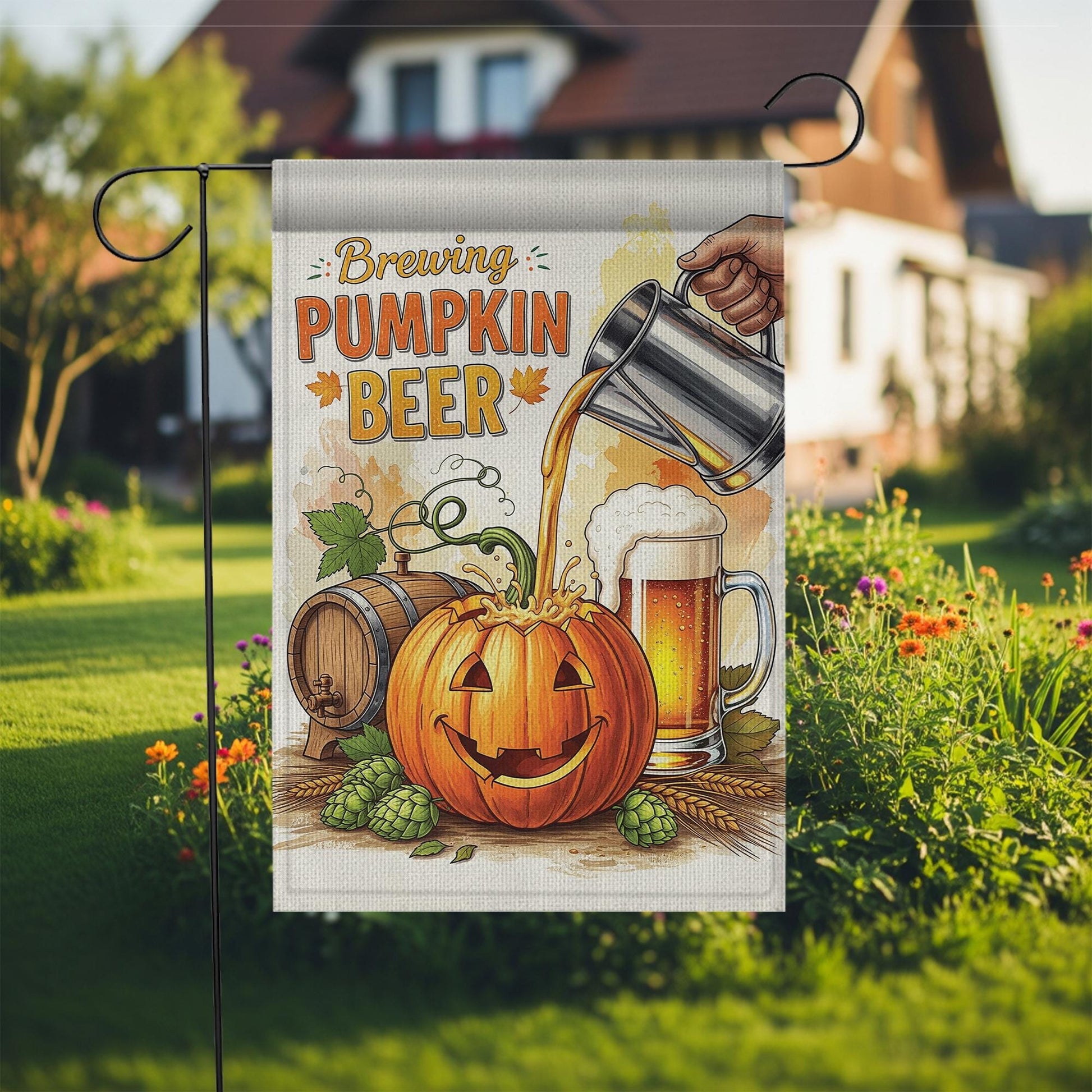 Brewing Pumpkin Beer Garden Flag, Rustic Fall Decor, Funny Halloween Decor, Autumn Yard Flag