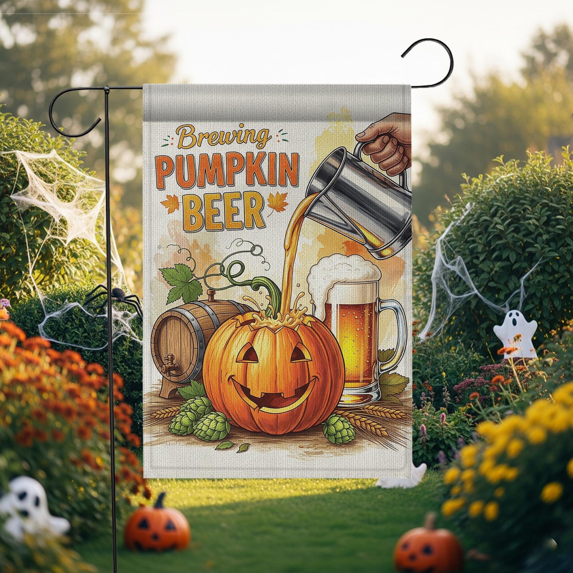 Brewing Pumpkin Beer Garden Flag, Rustic Fall Decor, Funny Halloween Decor, Autumn Yard Flag