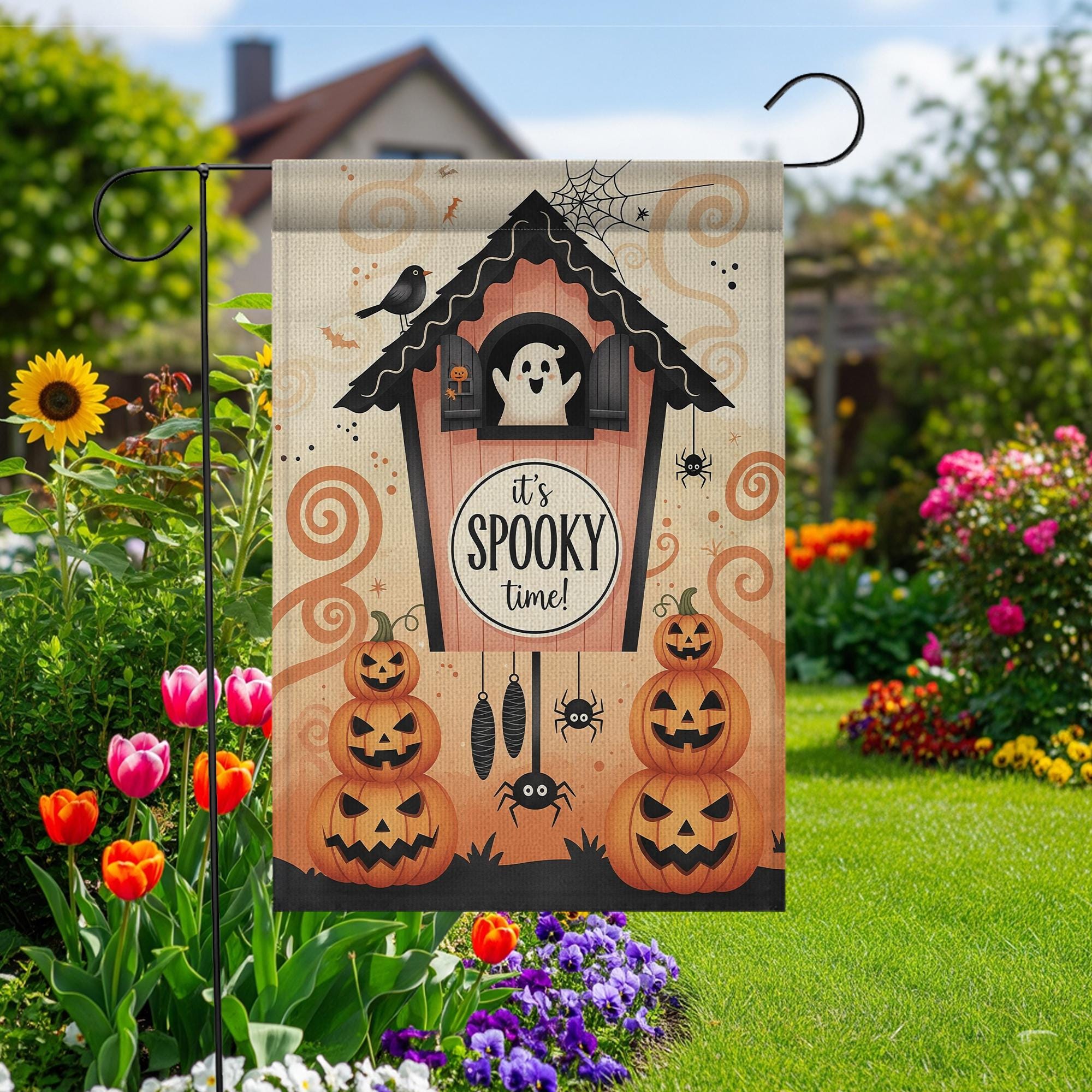 It's Spooky Time Halloween Garden Flag, Cute Ghost and Pumpkin Fall Decor, Outdoor Decor