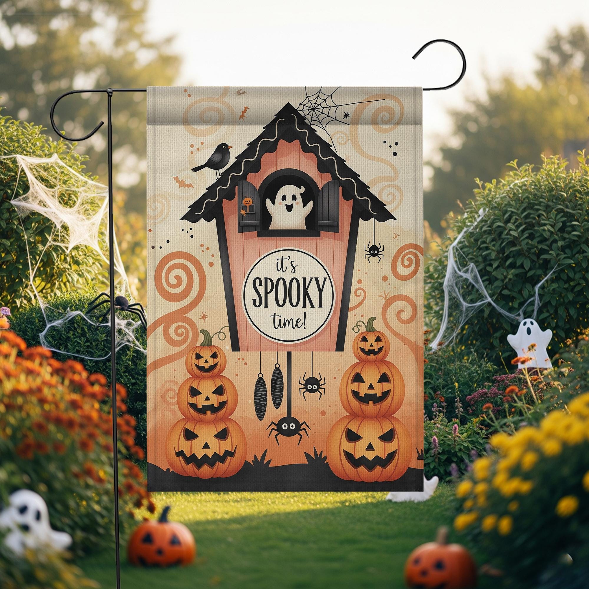 It's Spooky Time Halloween Garden Flag, Cute Ghost and Pumpkin Fall Decor, Outdoor Decor