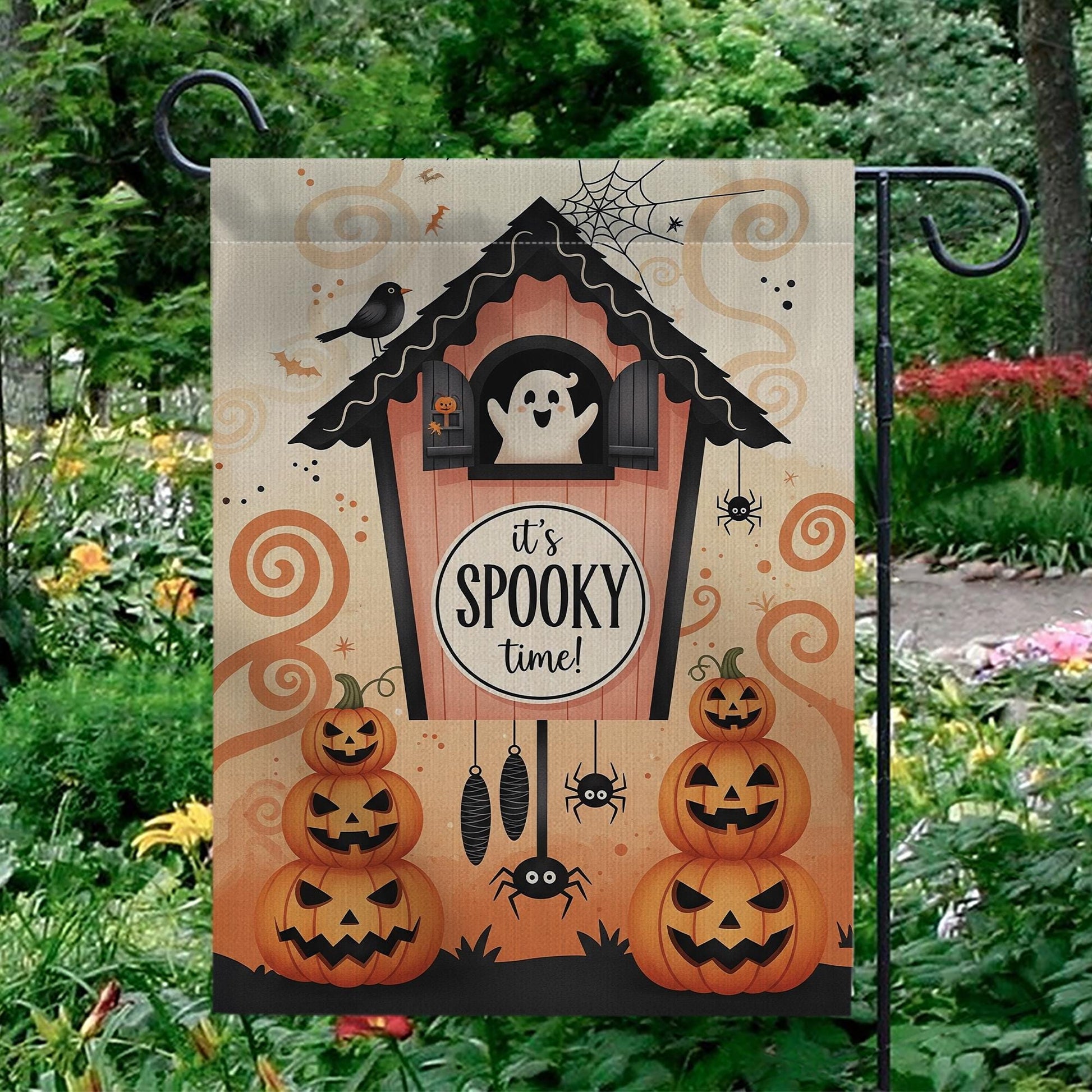 It's Spooky Time Halloween Garden Flag, Cute Ghost and Pumpkin Fall Decor, Outdoor Decor