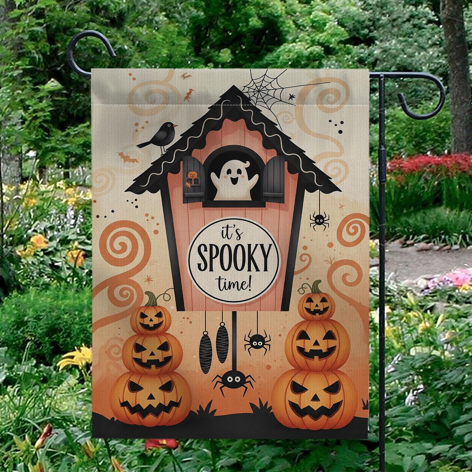 It's Spooky Time Halloween Garden Flag, Cute Ghost and Pumpkin Fall Decor, Outdoor Decor