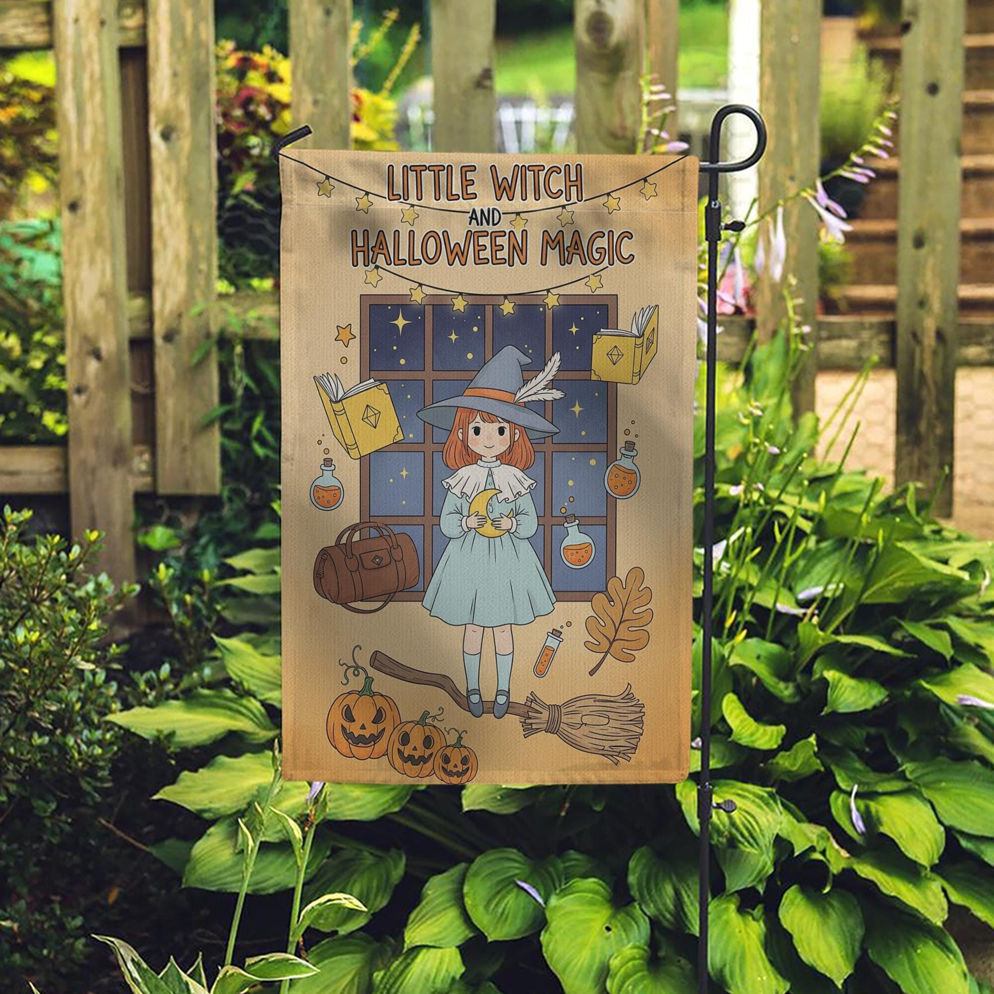 Little Witch Halloween Garden Flag, Cute Halloween Magic Decor, Fall Outdoor Decoration