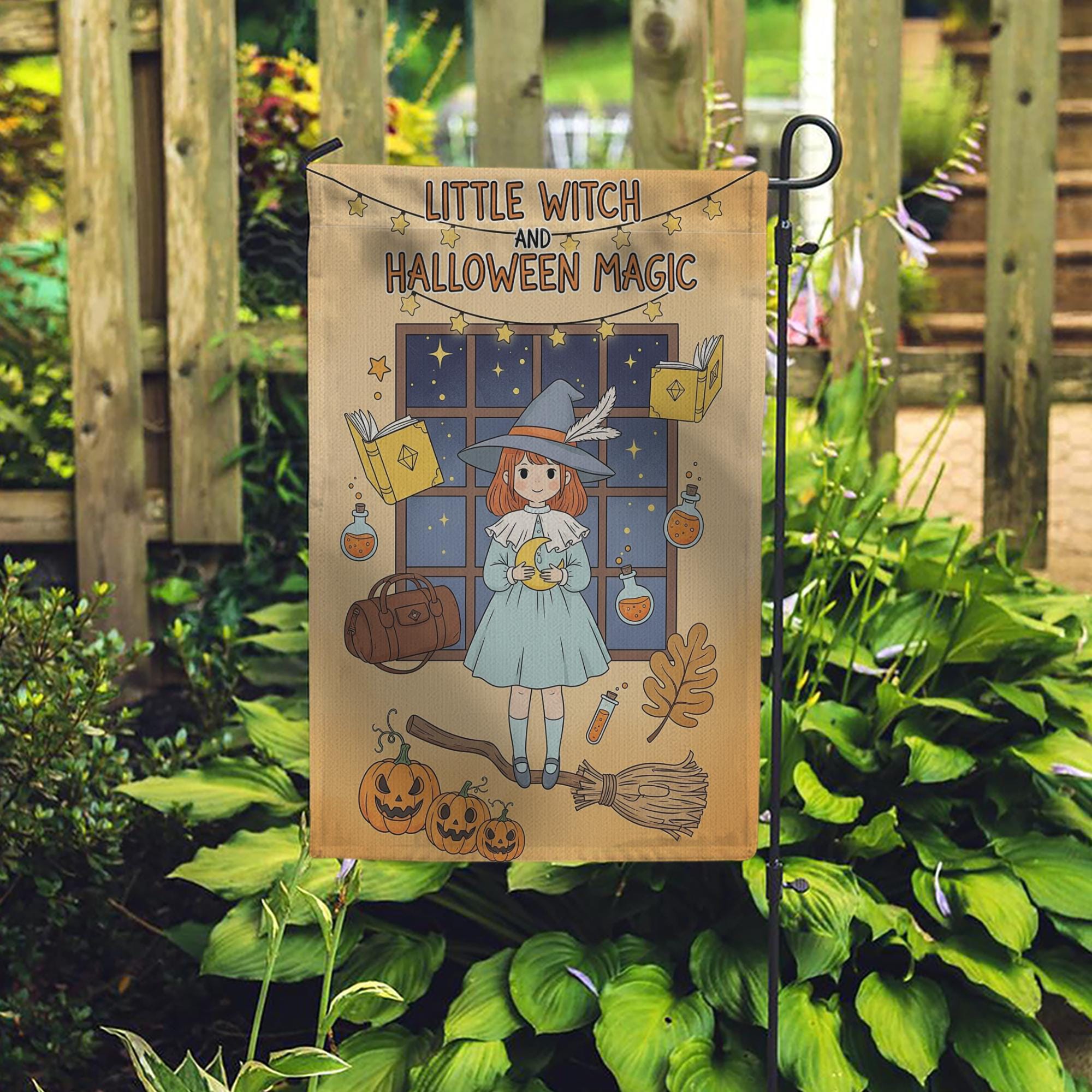 Little Witch Halloween Garden Flag, Cute Halloween Magic Decor, Fall Outdoor Decoration