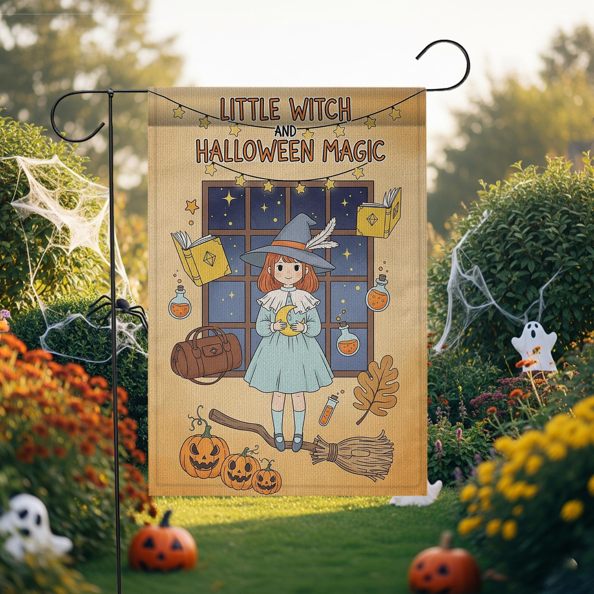 Little Witch Halloween Garden Flag, Cute Halloween Magic Decor, Fall Outdoor Decoration