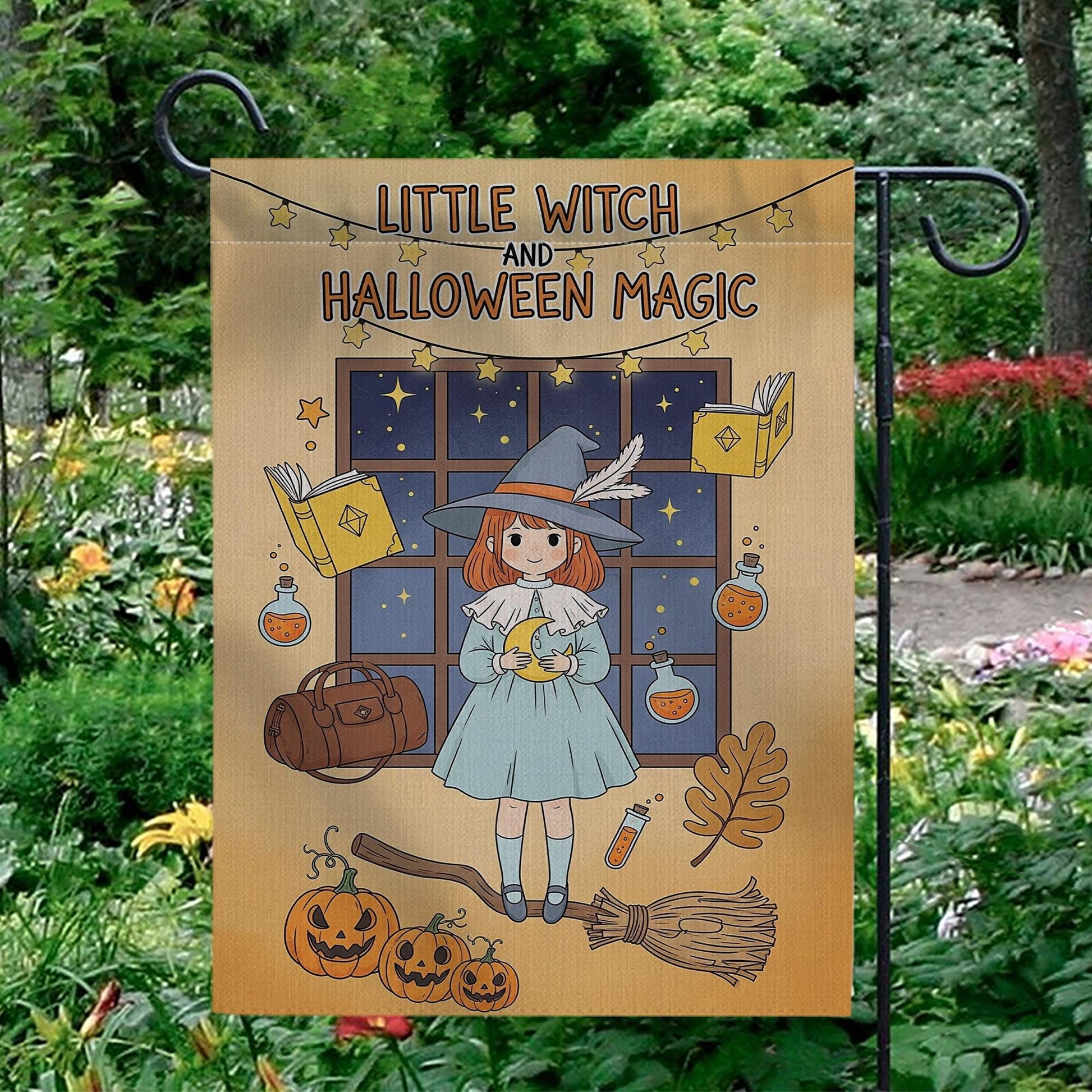 Little Witch Halloween Garden Flag, Cute Halloween Magic Decor, Fall Outdoor Decoration