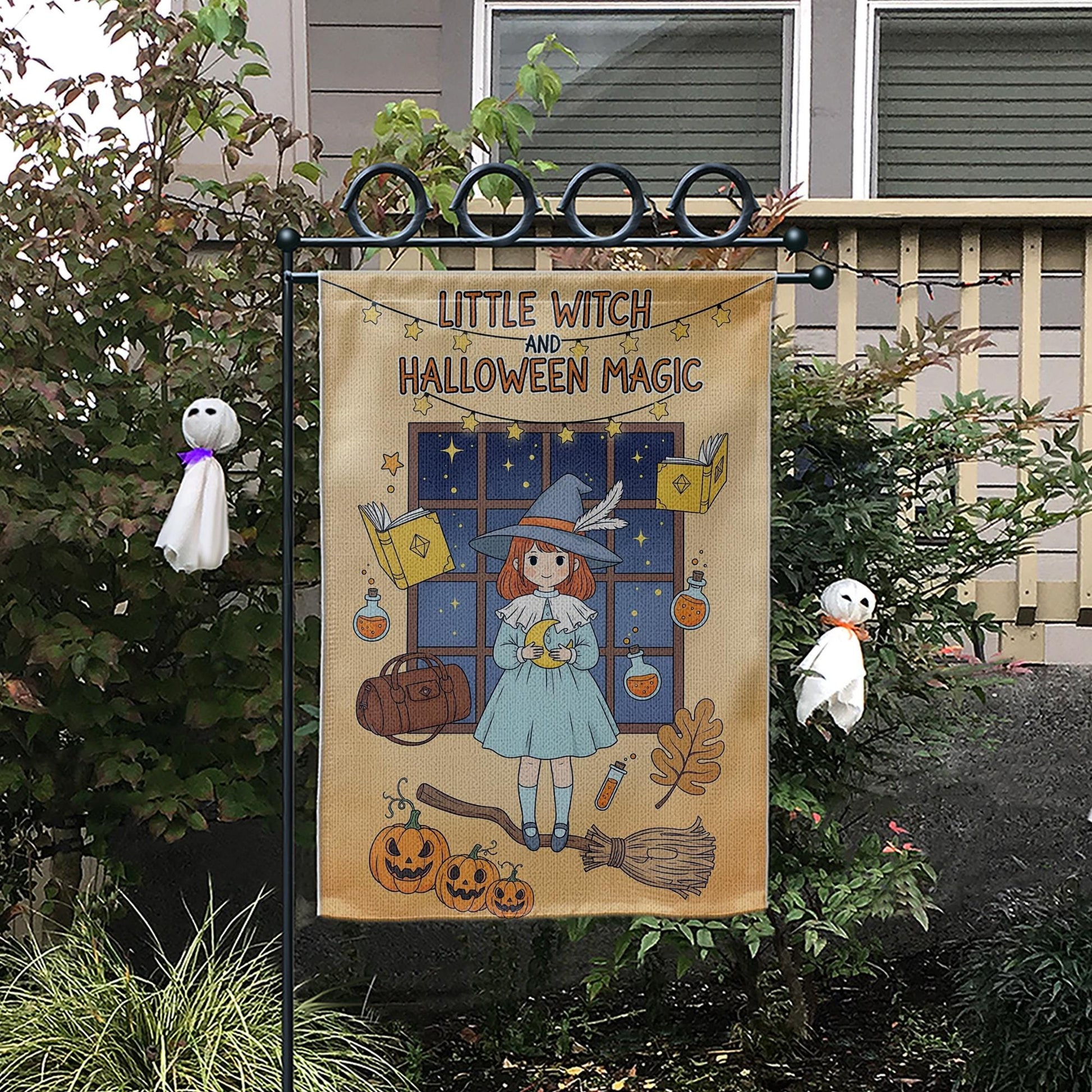 Little Witch Halloween Garden Flag, Cute Halloween Magic Decor, Fall Outdoor Decoration