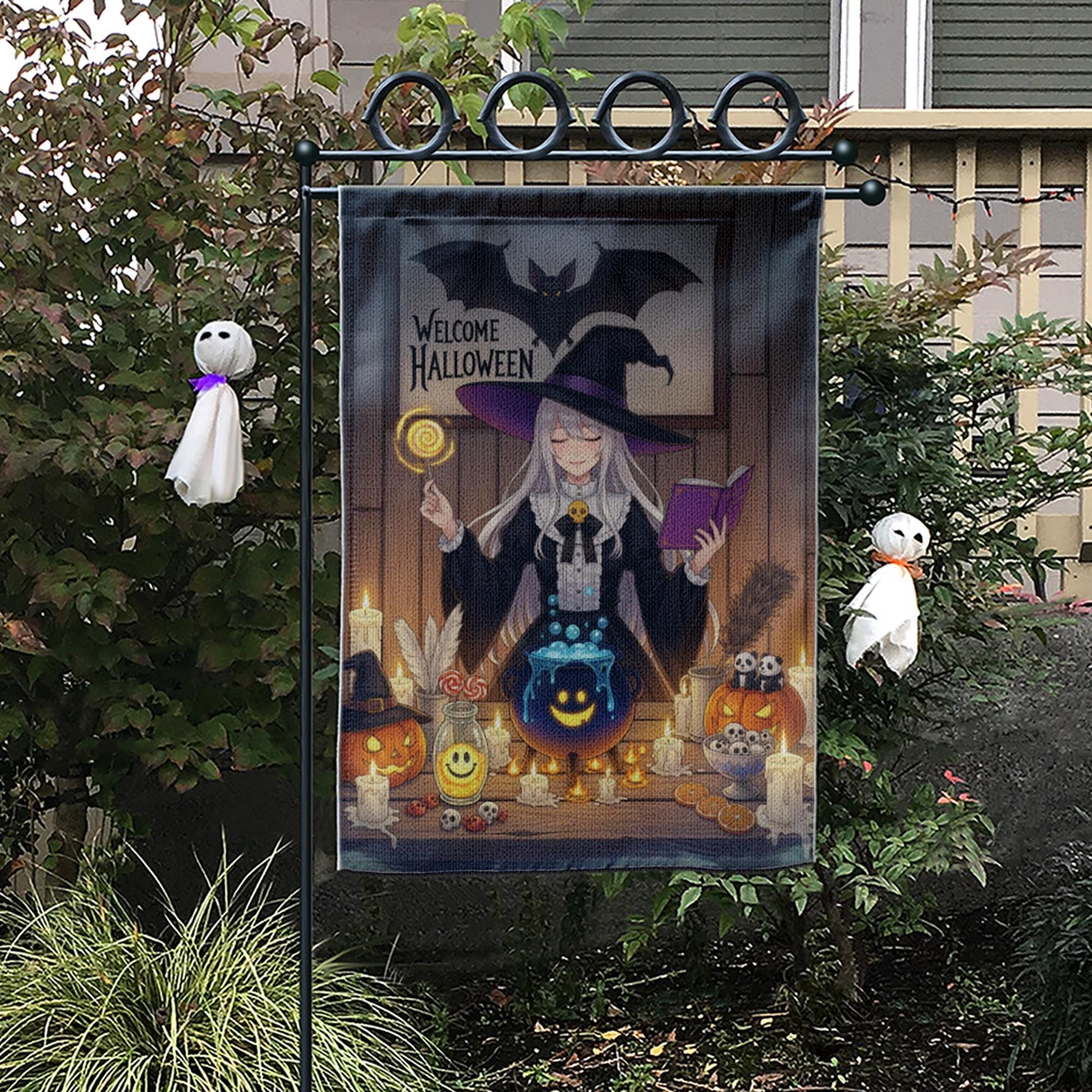 Welcome Halloween Witch Garden Flag, Anime Witch Garden Decor, Halloween Party Decoration