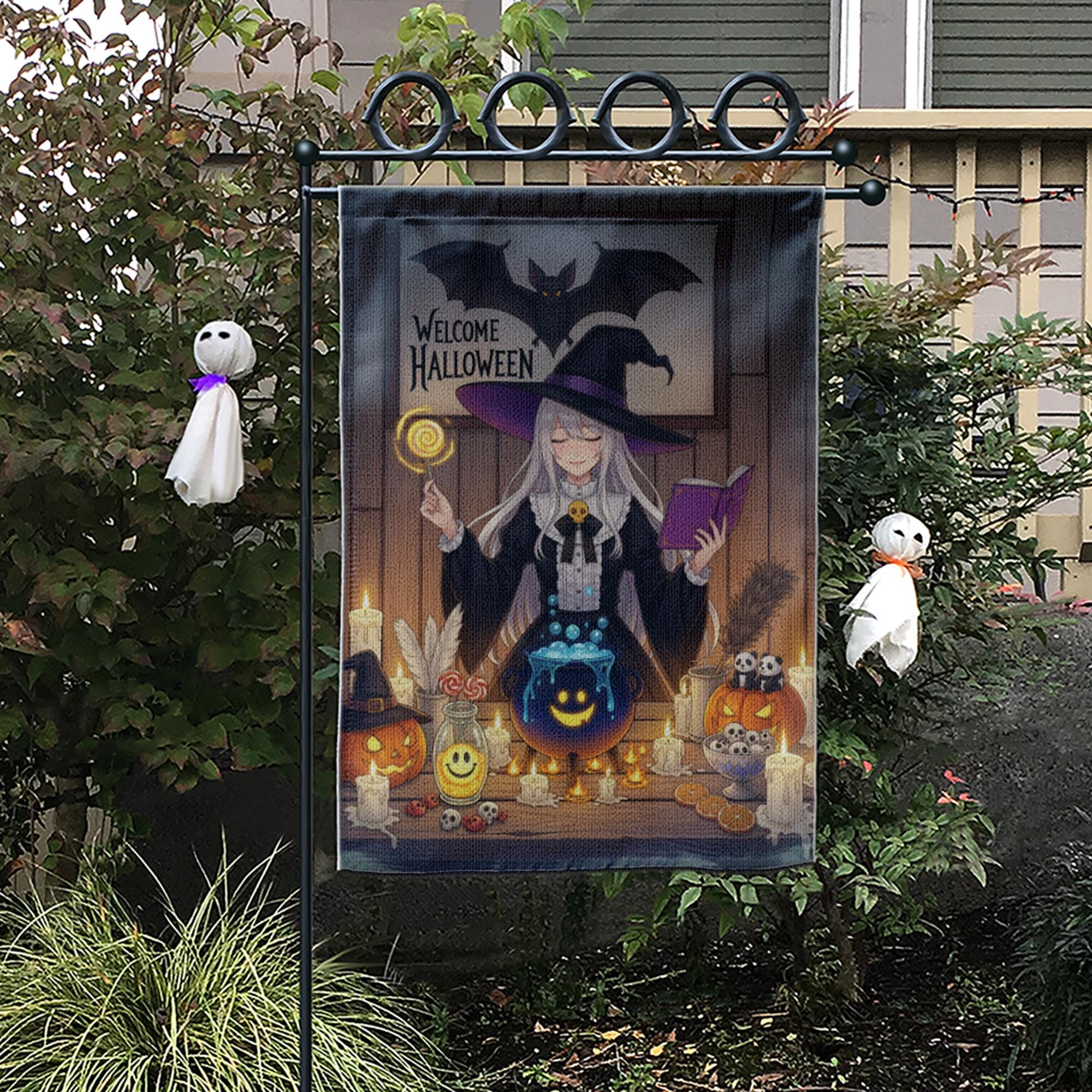 Welcome Halloween Witch Garden Flag, Anime Witch Garden Decor, Halloween Party Decoration