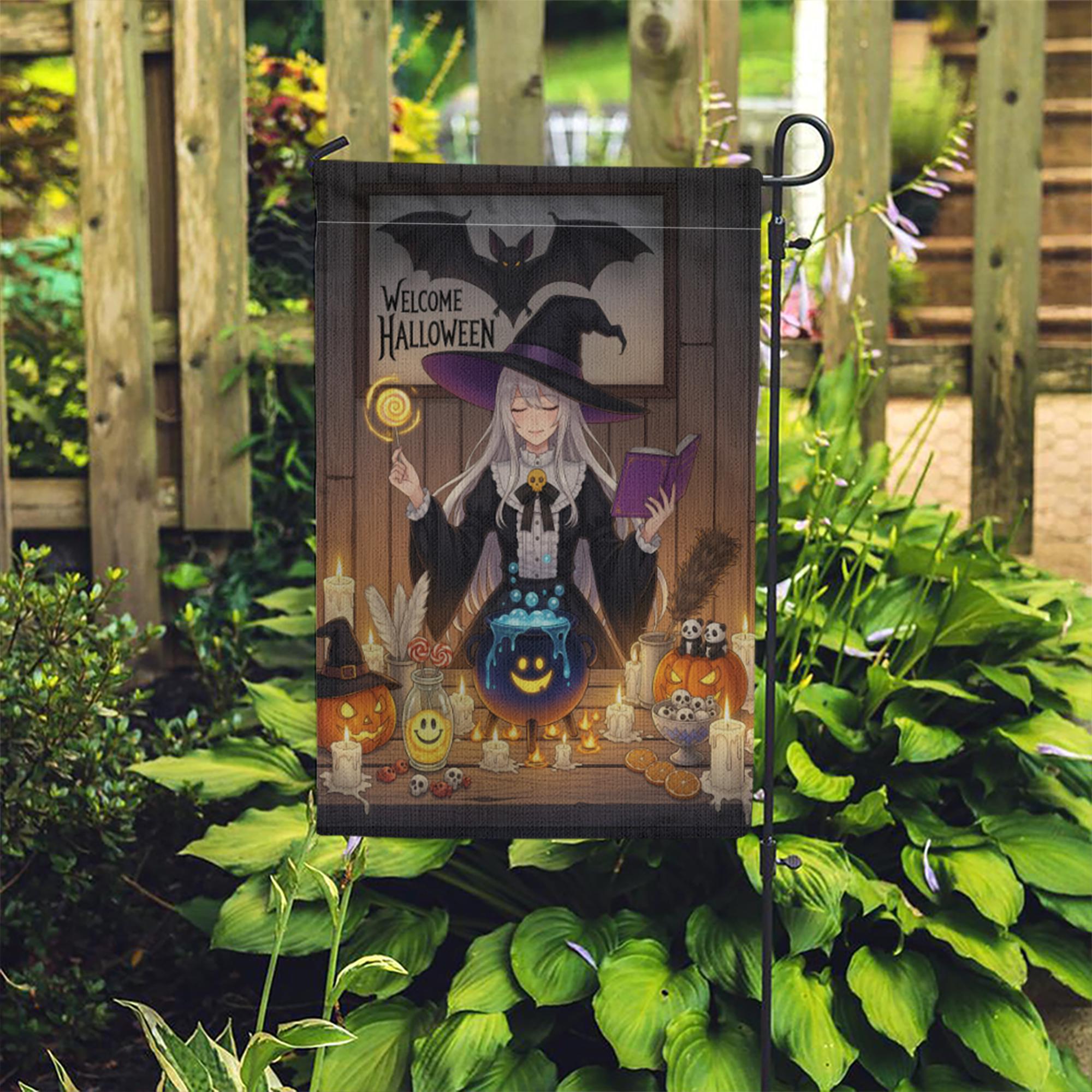 Welcome Halloween Witch Garden Flag, Anime Witch Garden Decor, Halloween Party Decoration