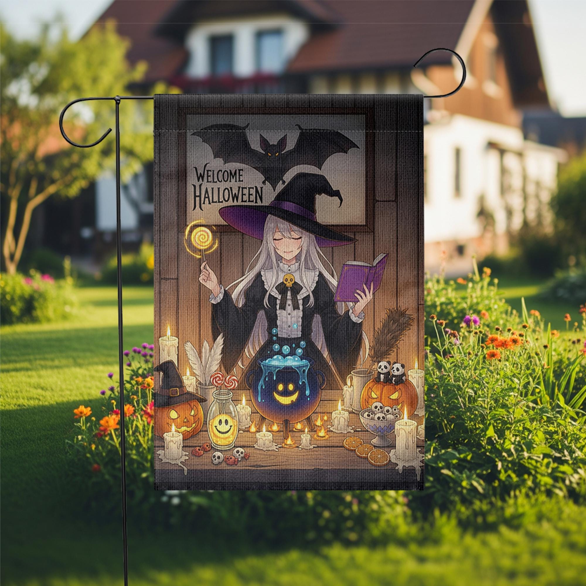 Welcome Halloween Witch Garden Flag, Anime Witch Garden Decor, Halloween Party Decoration
