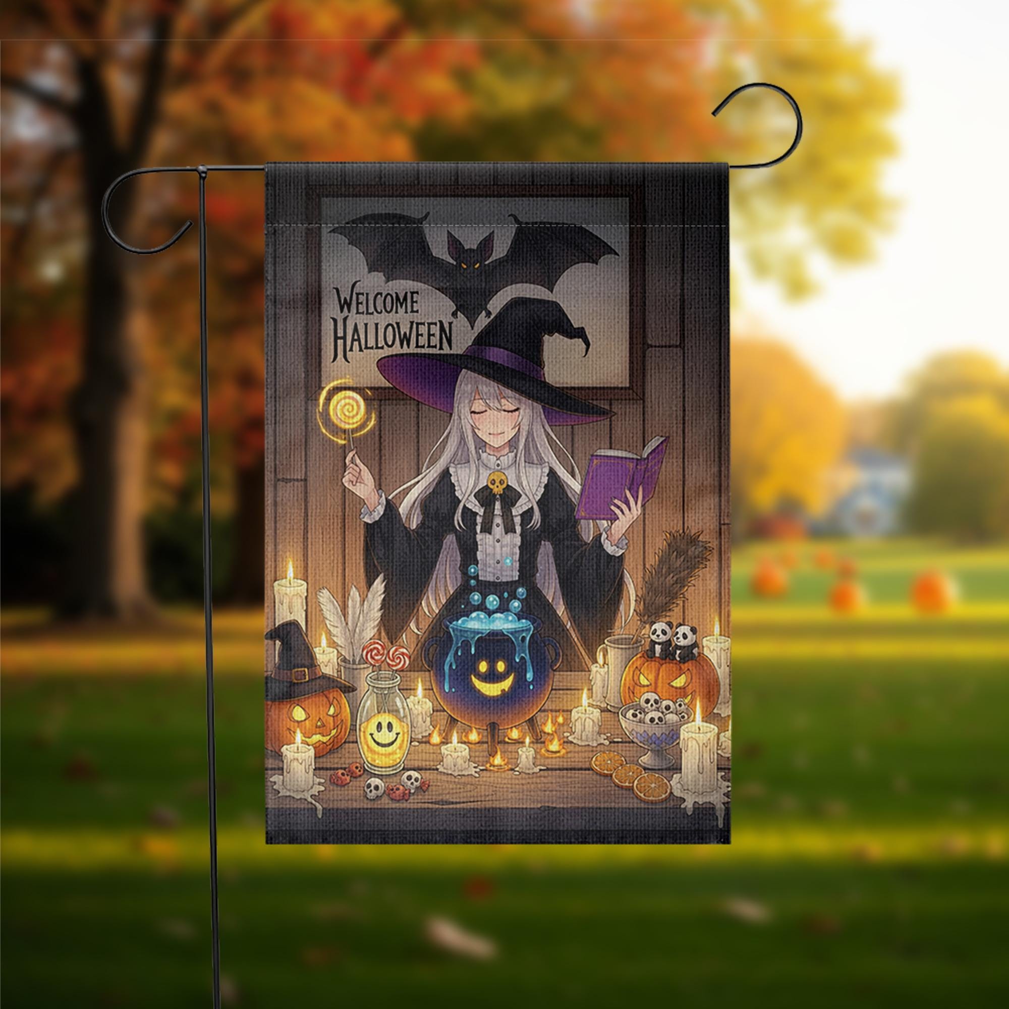 Welcome Halloween Witch Garden Flag, Anime Witch Garden Decor, Halloween Party Decoration