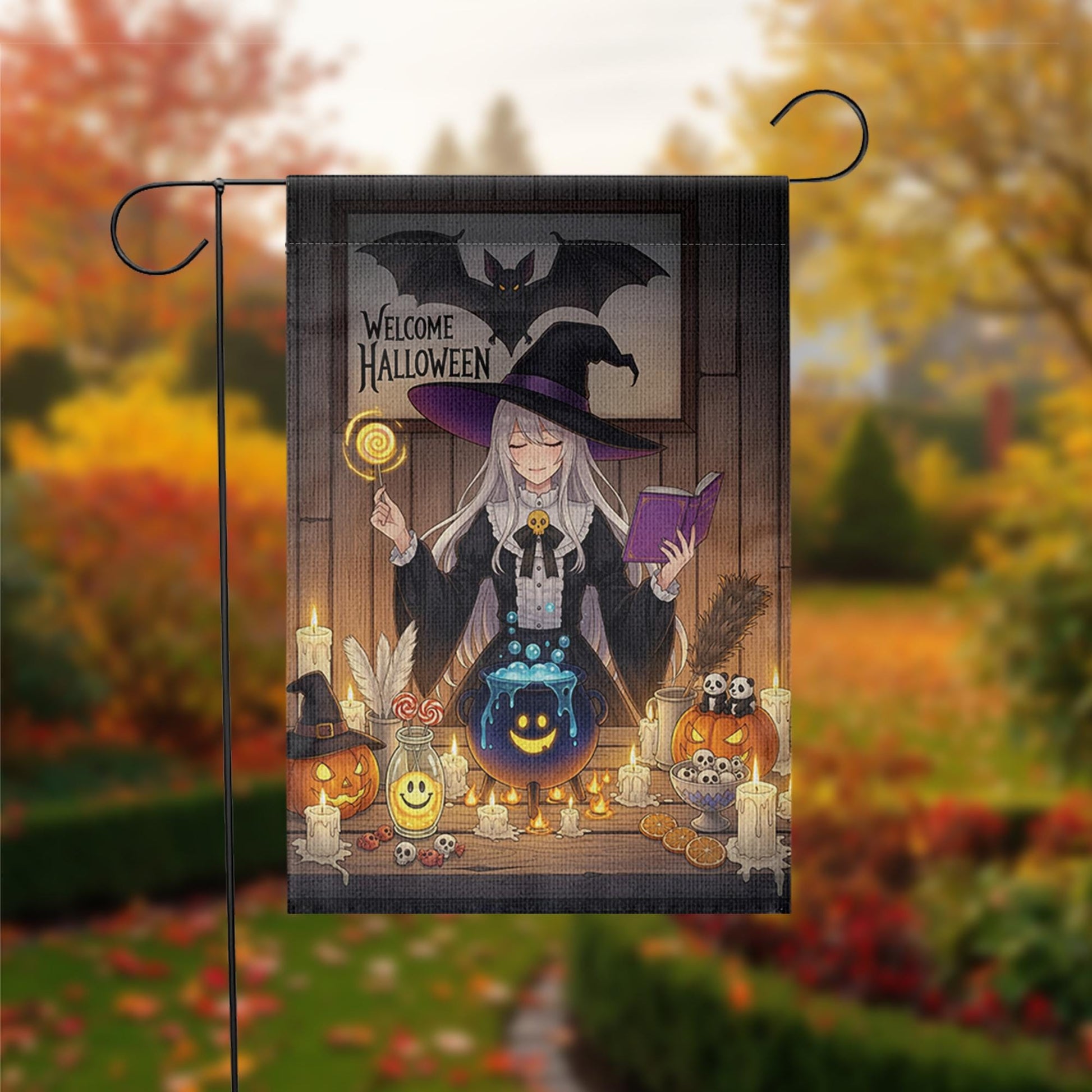 Welcome Halloween Witch Garden Flag, Anime Witch Garden Decor, Halloween Party Decoration