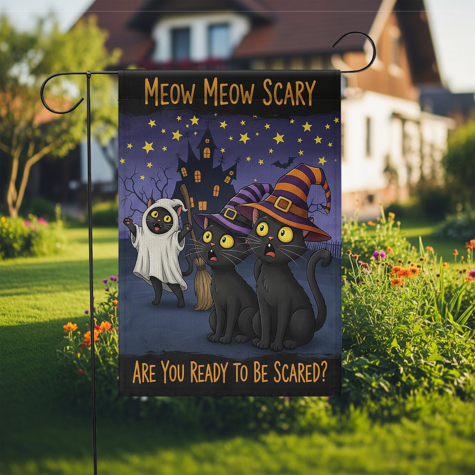 Meow Meow Scary Cats Halloween Garden Flag, Funny Black Cat Spooky Decor, Fall Outdoor Decoration