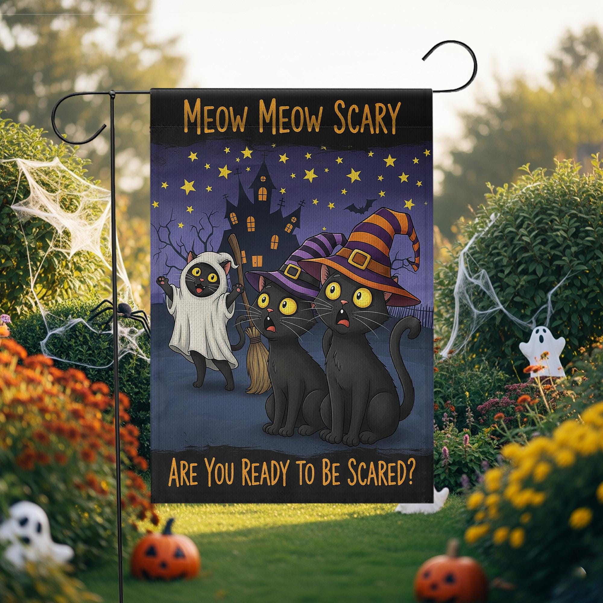 Meow Meow Scary Cats Halloween Garden Flag, Funny Black Cat Spooky Decor, Fall Outdoor Decoration