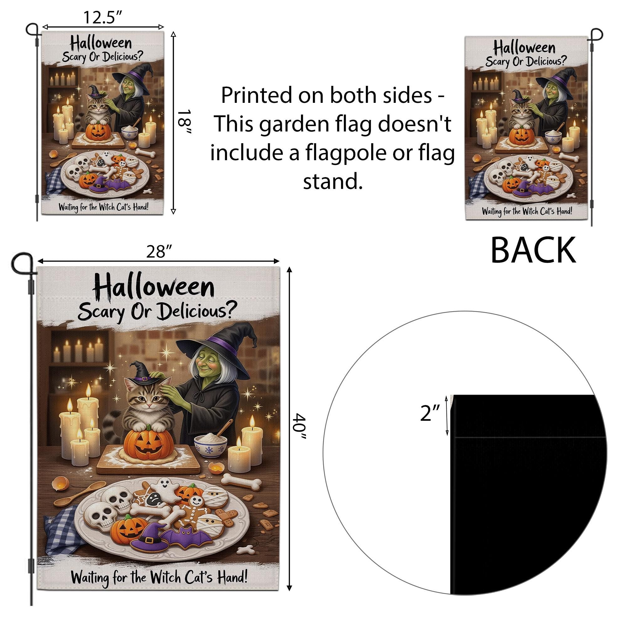 Halloween Scary or Delicious Garden Flag, Witch Cat Baking Spooky Cookies, Fall Decor