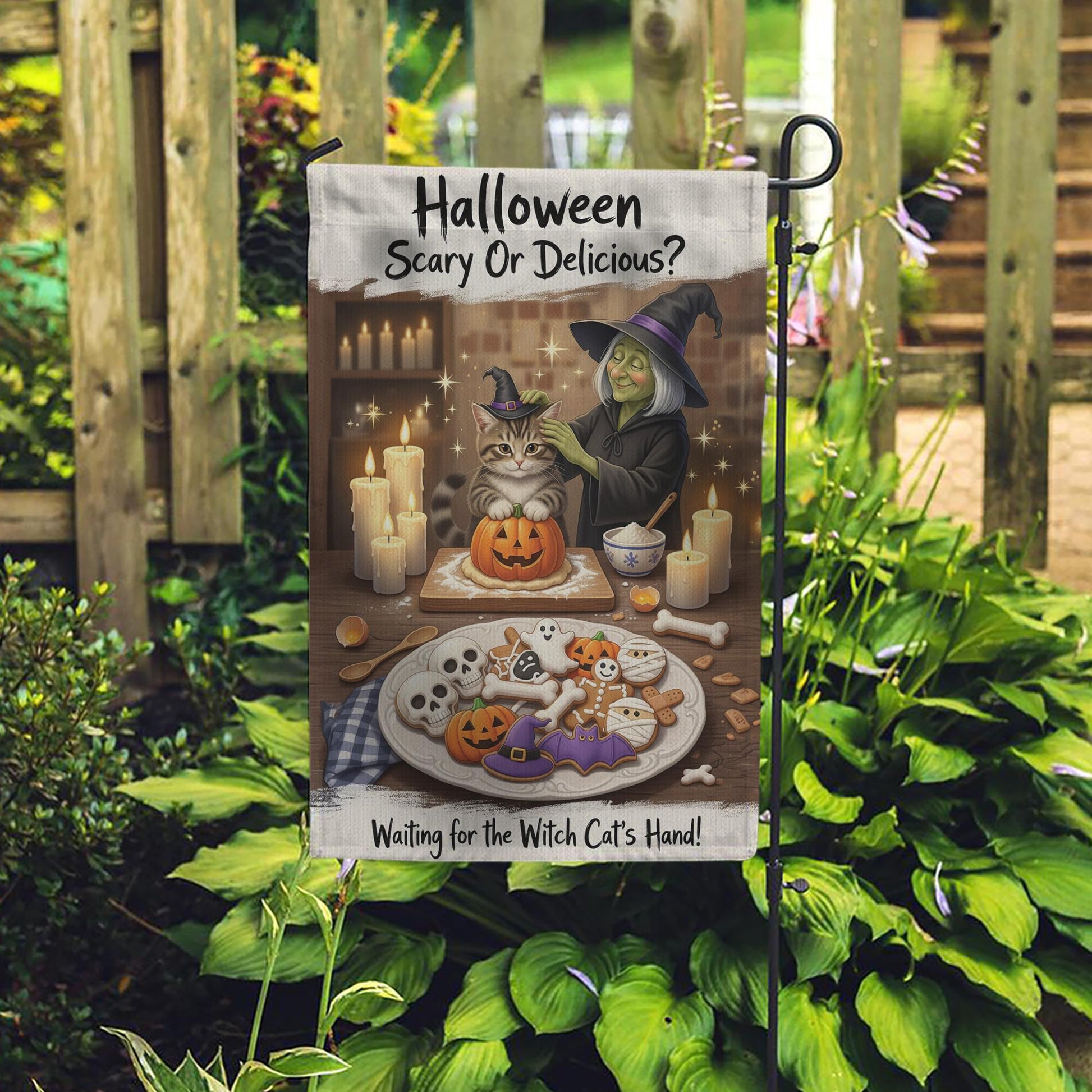 Halloween Scary or Delicious Garden Flag, Witch Cat Baking Spooky Cookies, Fall Decor