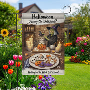 Halloween Scary or Delicious Garden Flag, Witch Cat Baking Spooky Cookies, Fall Decor