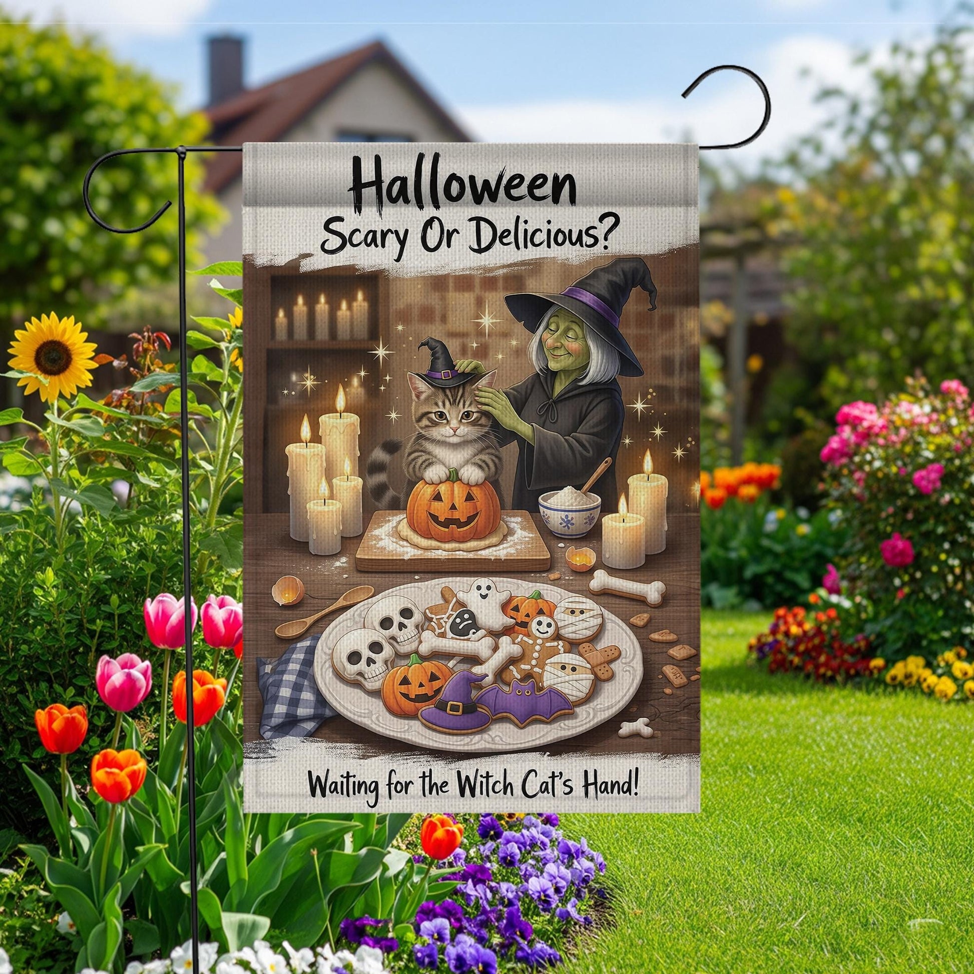 Halloween Scary or Delicious Garden Flag, Witch Cat Baking Spooky Cookies, Fall Decor