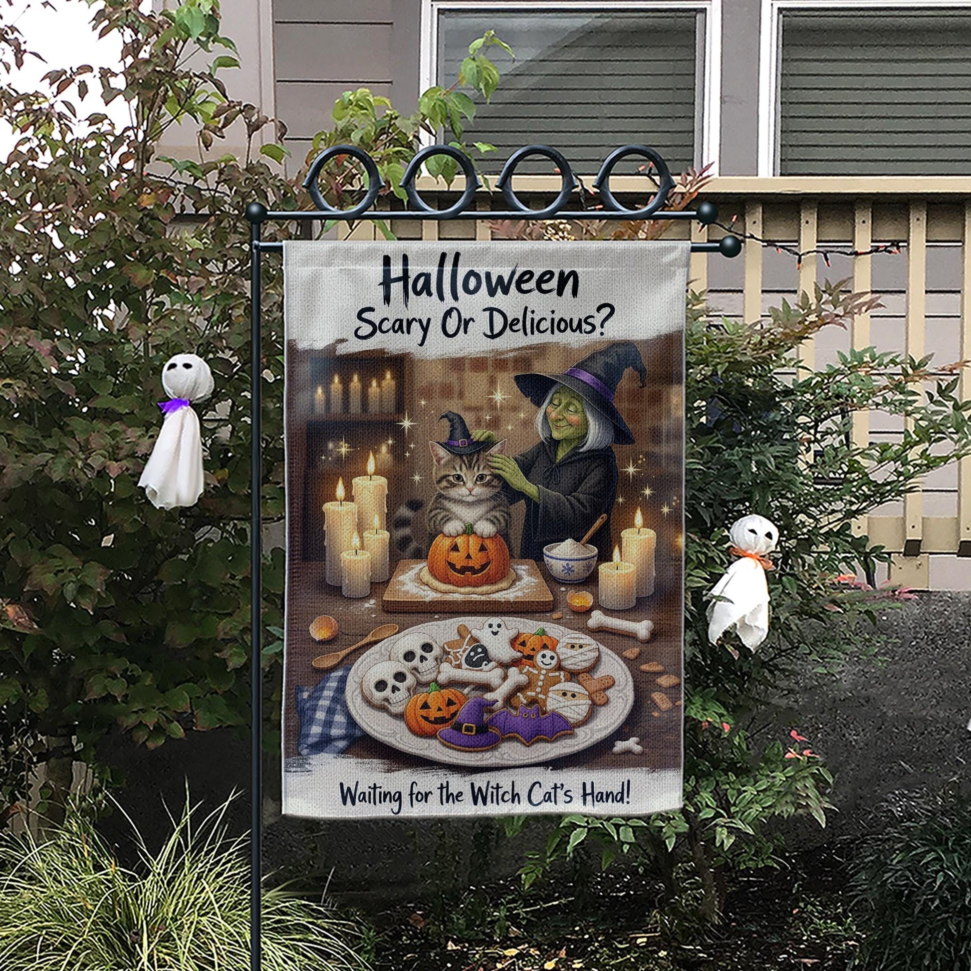 Halloween Scary or Delicious Garden Flag, Witch Cat Baking Spooky Cookies, Fall Decor
