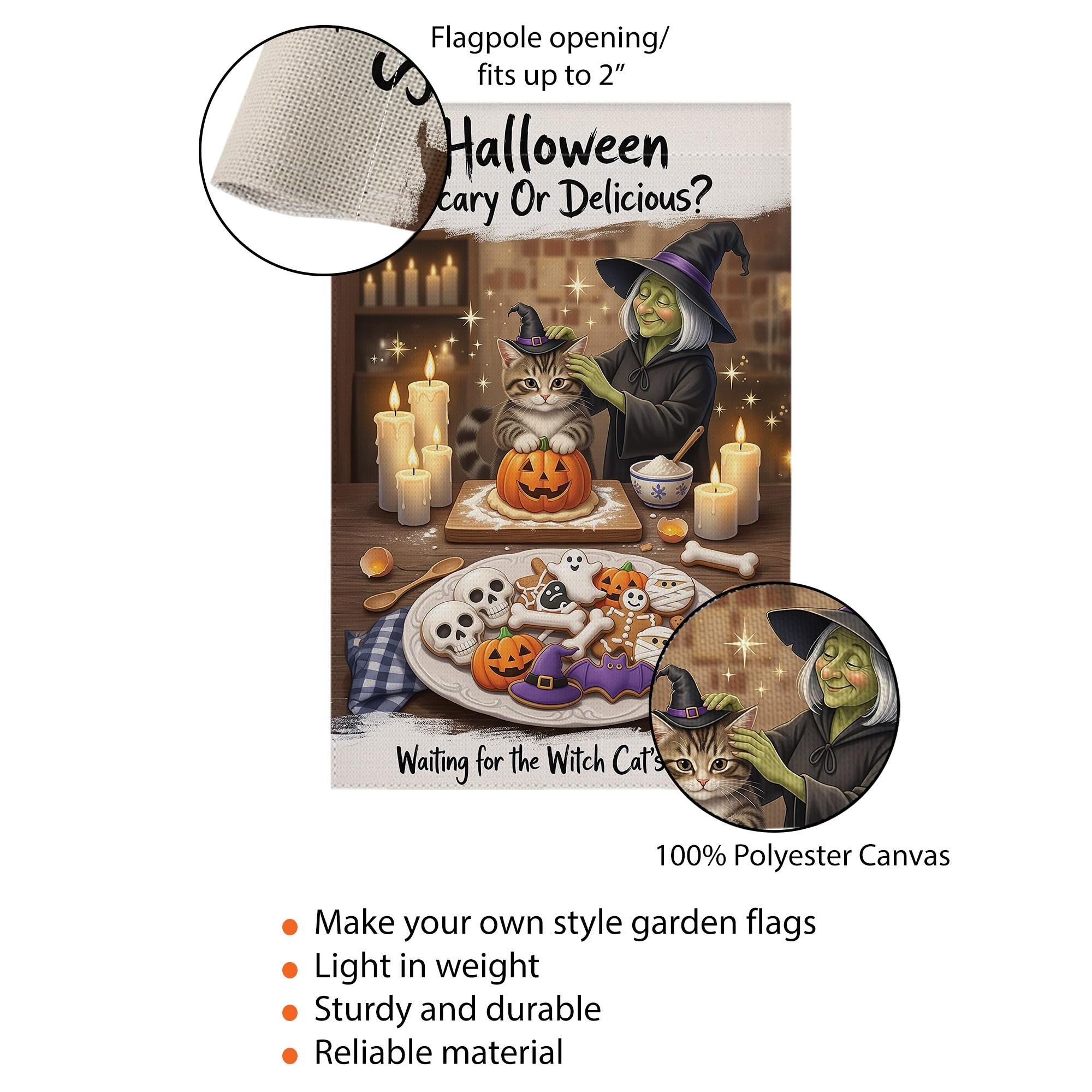 Halloween Scary or Delicious Garden Flag, Witch Cat Baking Spooky Cookies, Fall Decor