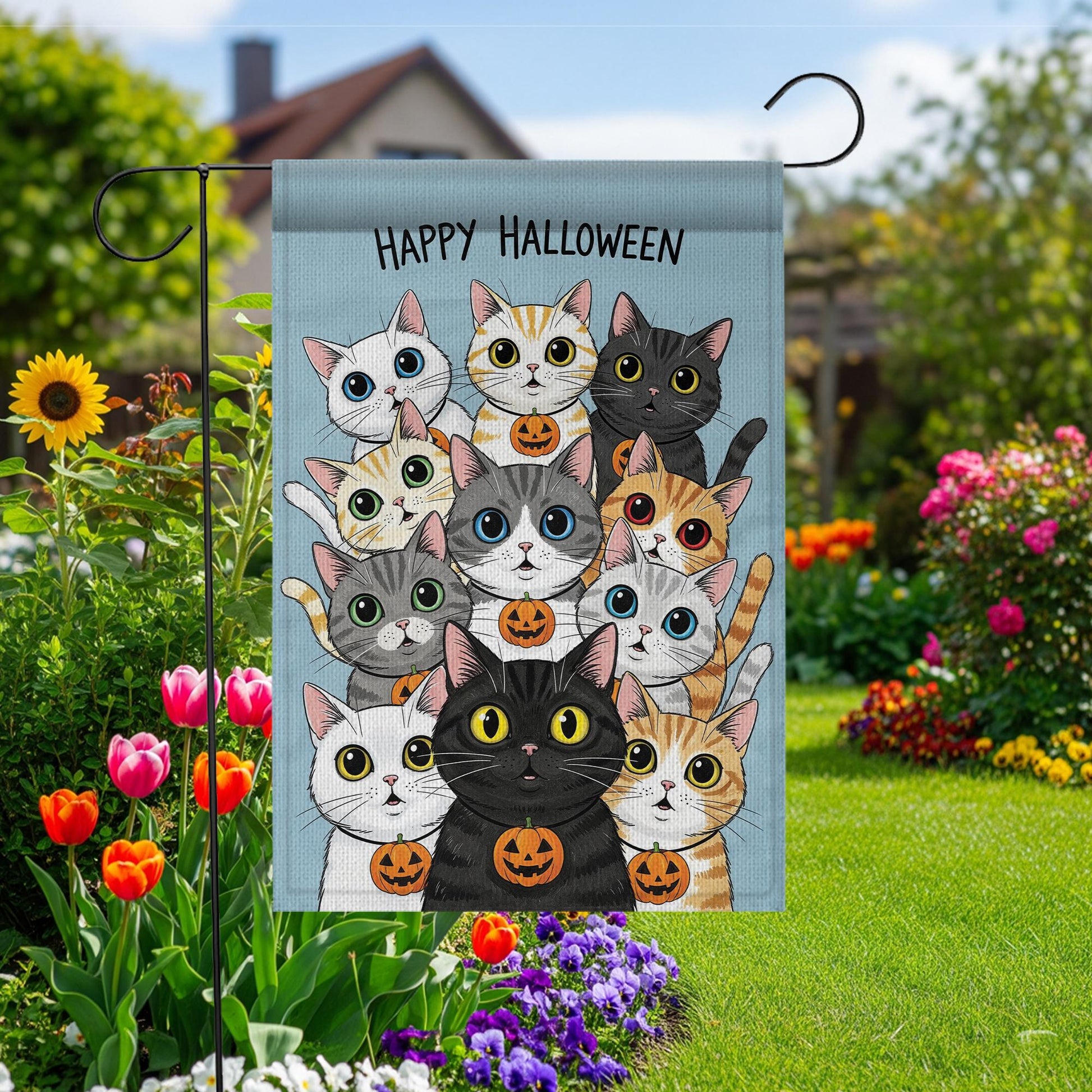 Happy Halloween Cats Garden Flag, Cute Black Cat Pumpkin Decor, Fall Outdoor Decoration